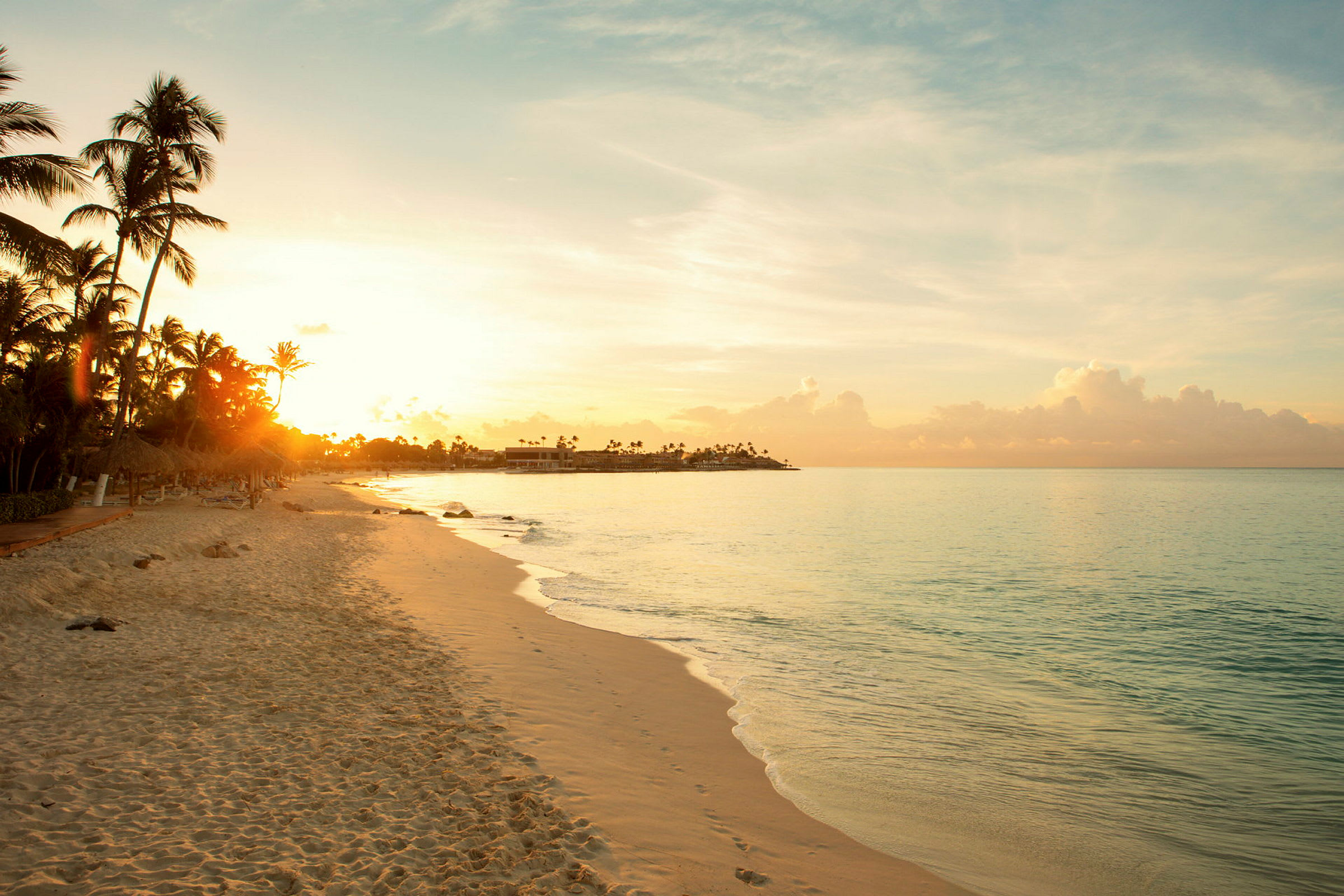 Bilde av en sandstrand med palmer og en solnedgang over havet. (AI-generert tekst)