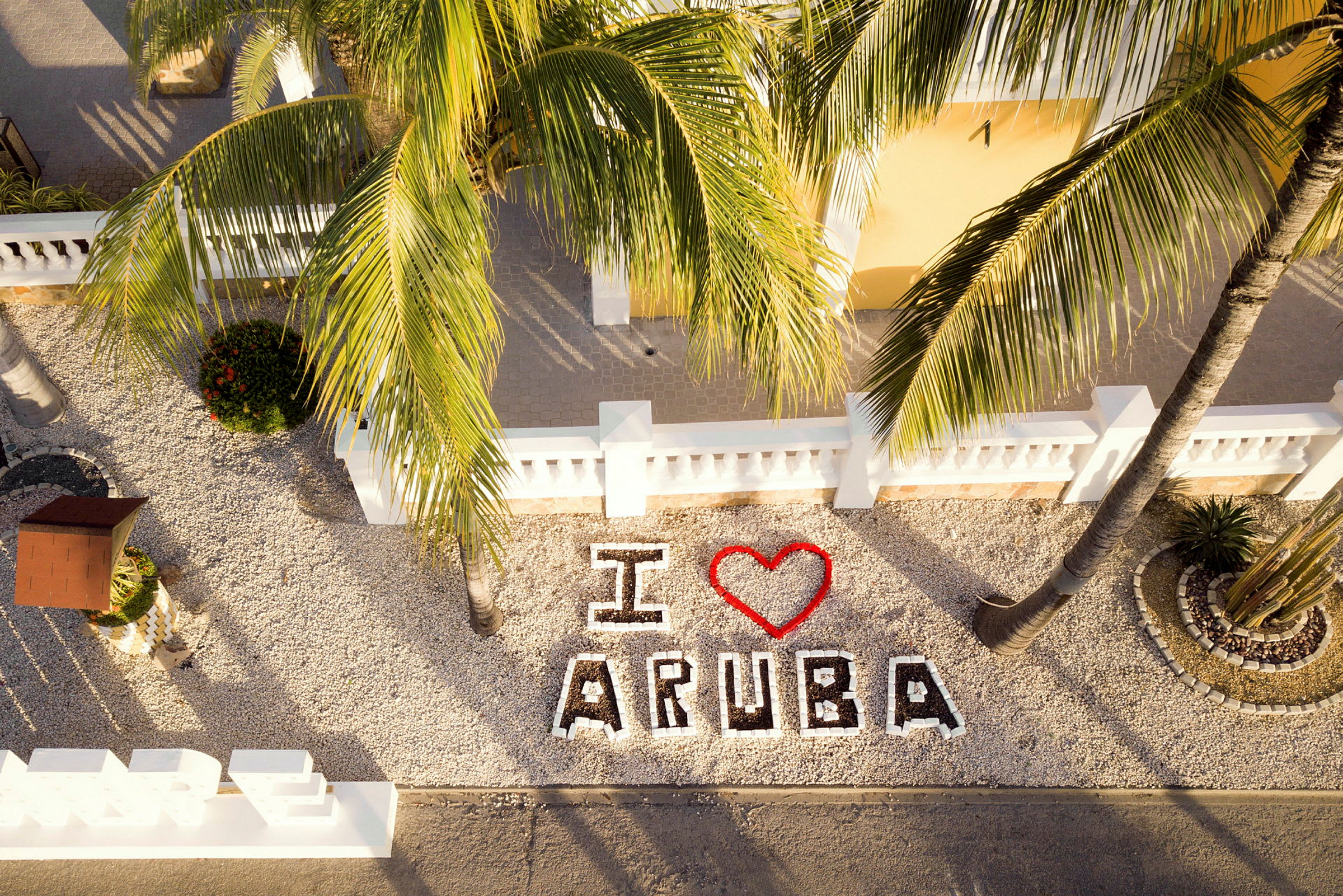 Teksten "I ❤️ Aruba" er synlig blant dekorative steinlegginger og palmer. (AI-generert tekst)