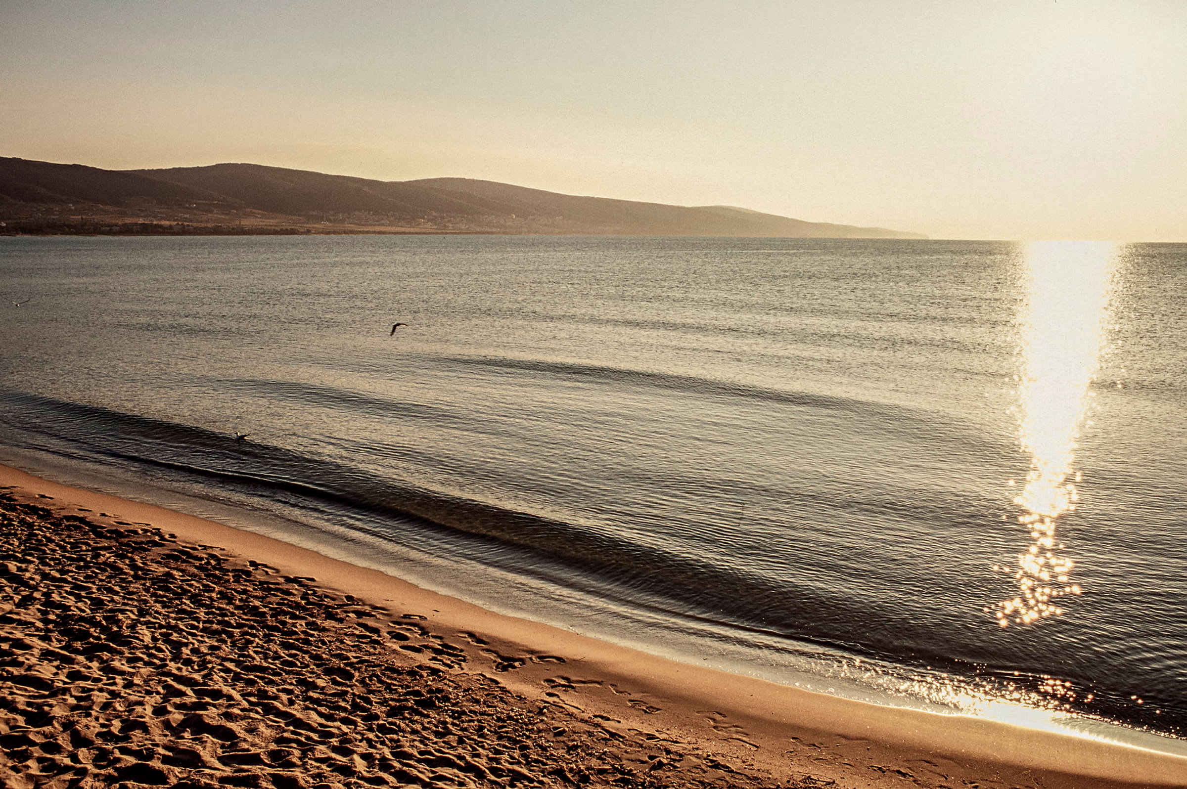 Strand ved havet med sand og bølger i kveldslys. (AI-generert tekst)