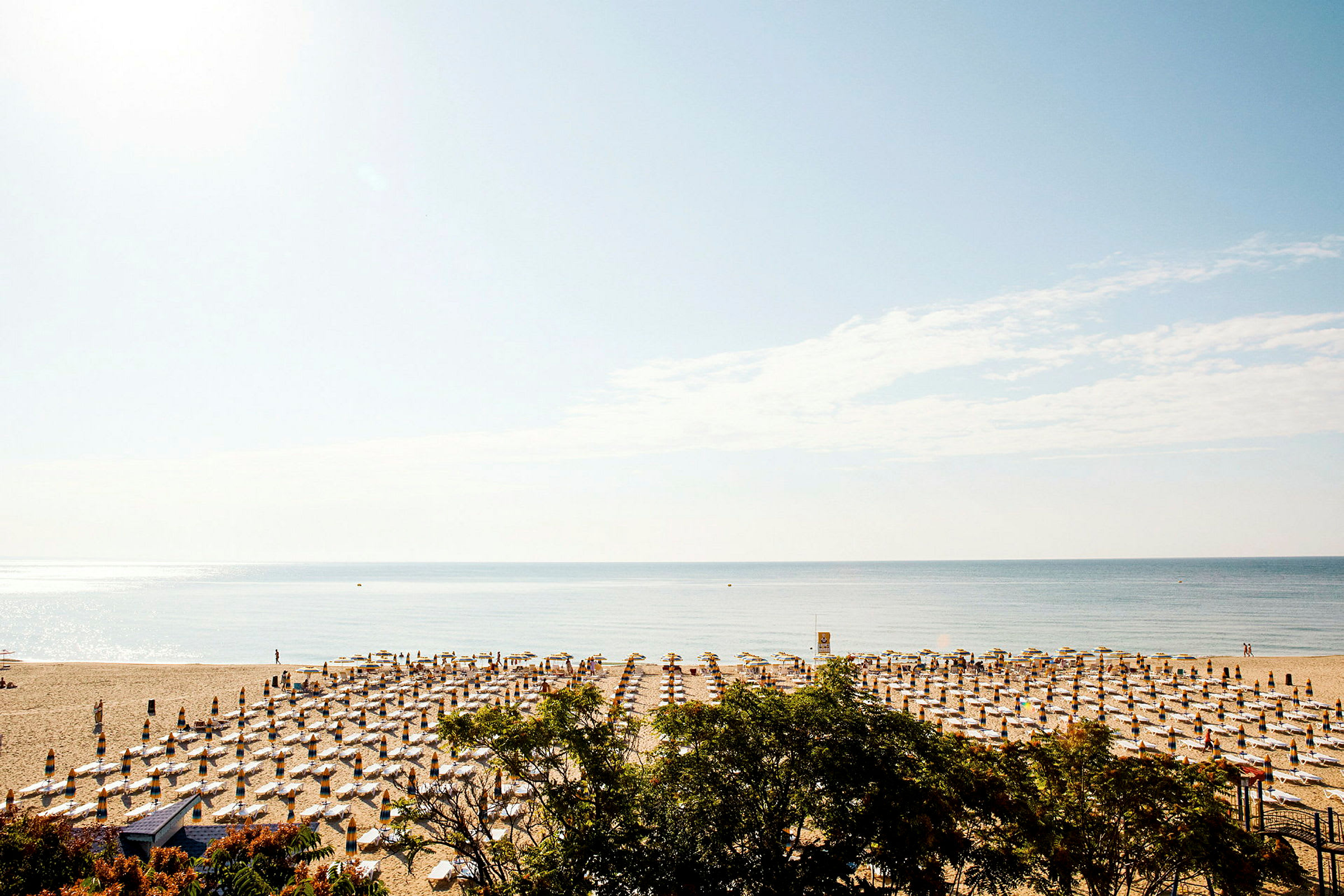 En strand med solsenger og parasoller arrangert i rekker, med havet i bakgrunnen og klar himmel ovenfor. (AI-generert tekst)