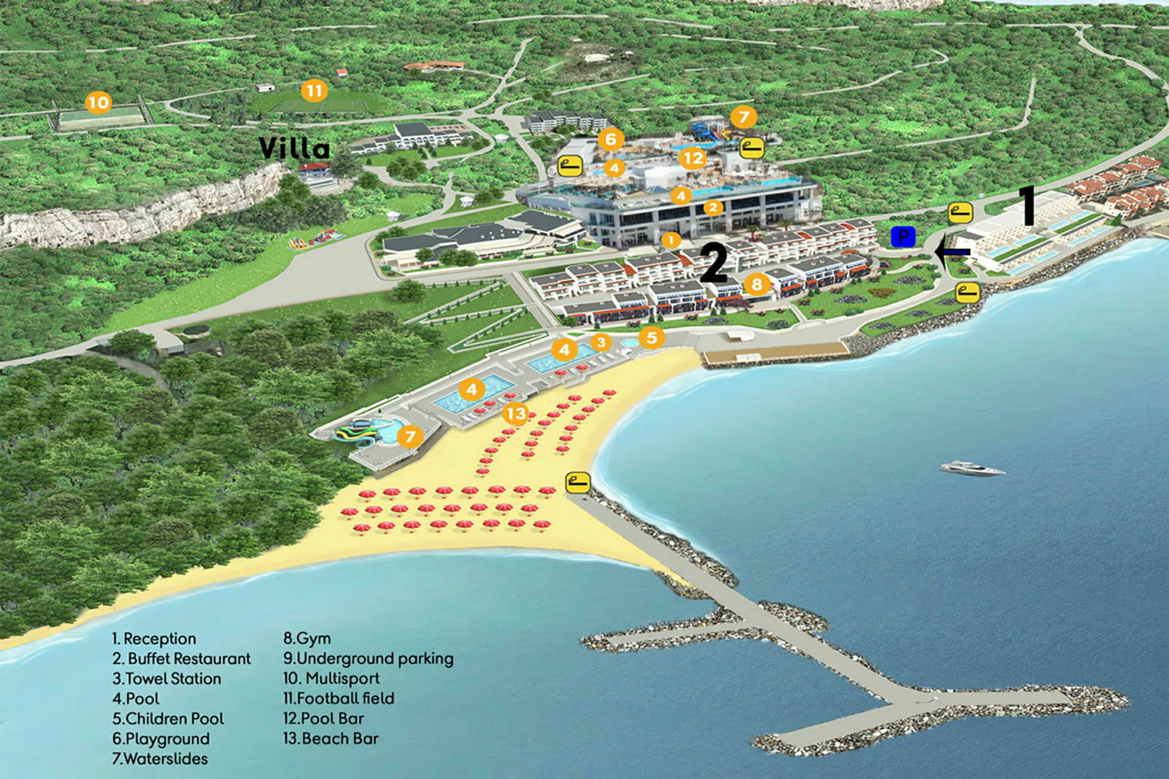 Illustrasjon av ferieanlegg med bygninger, svømmebassenger, strand med solsenger og parasoller, og omkringliggende grøntområder. (AI-generert tekst)