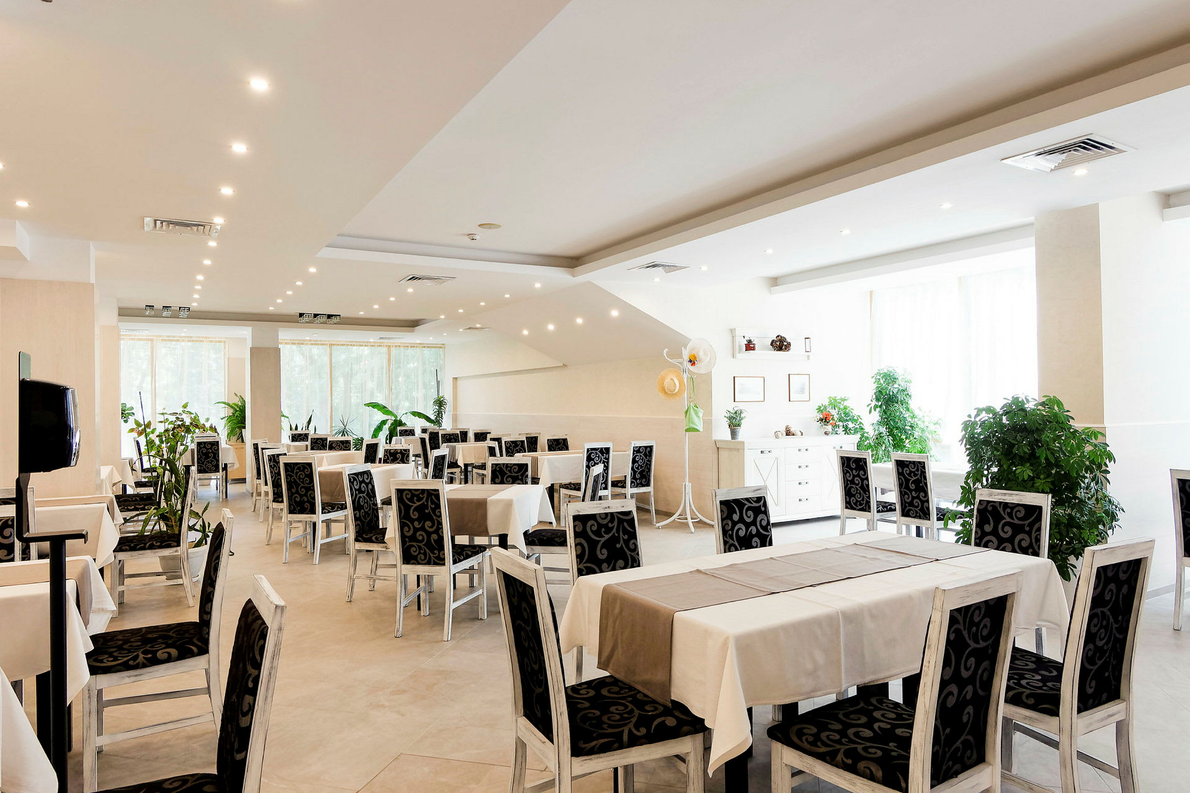 En lys hotellrestaurant med dekkede bord og stoler med svarte mønstrede ryggstøtter. Det er dekorative grønne planter og mye dagslys. (AI-generert tekst)