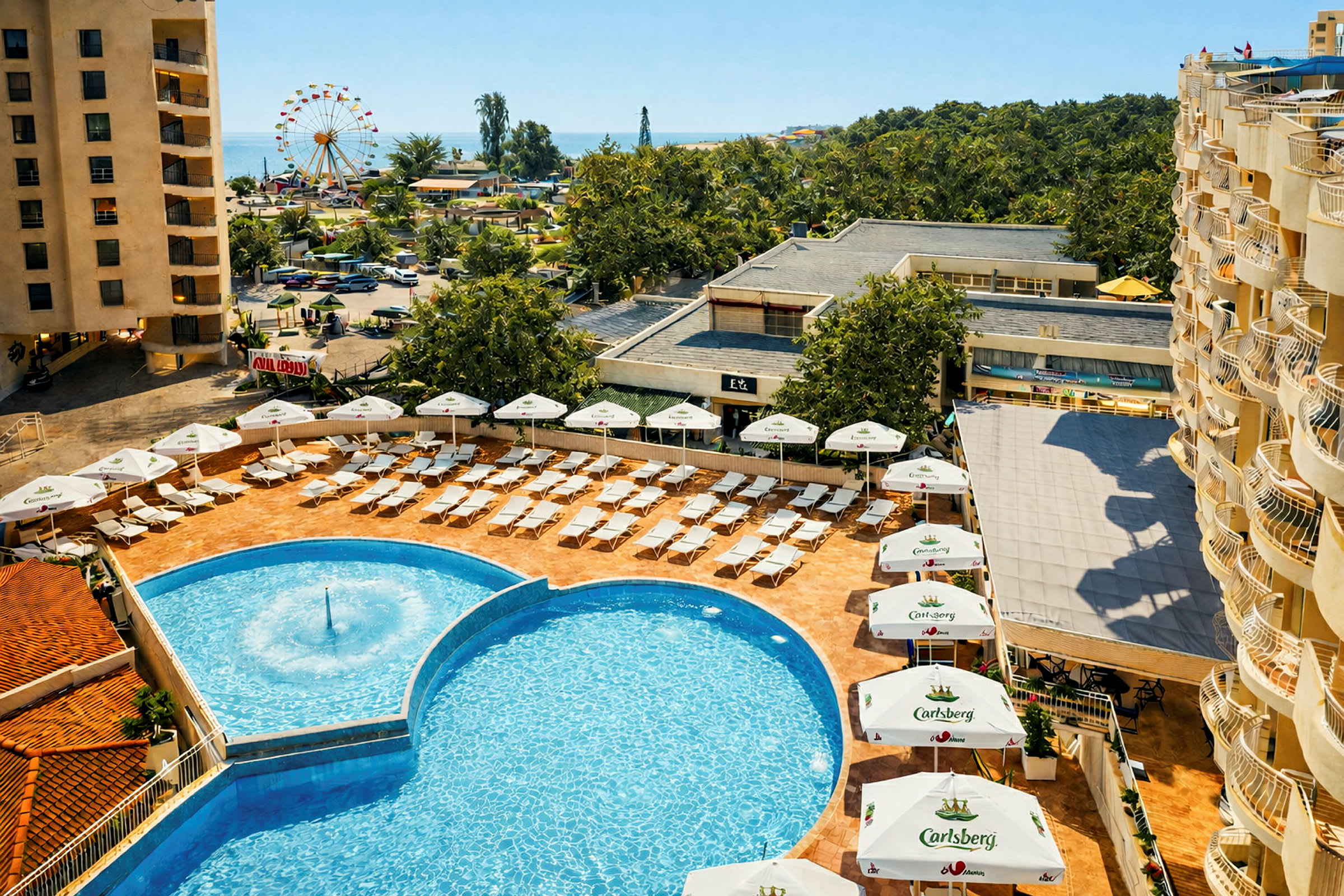 Hotellbassengområde med solsenger og parasoller, samt omkringliggende bygninger og en park i bakgrunnen. (AI-generert tekst)