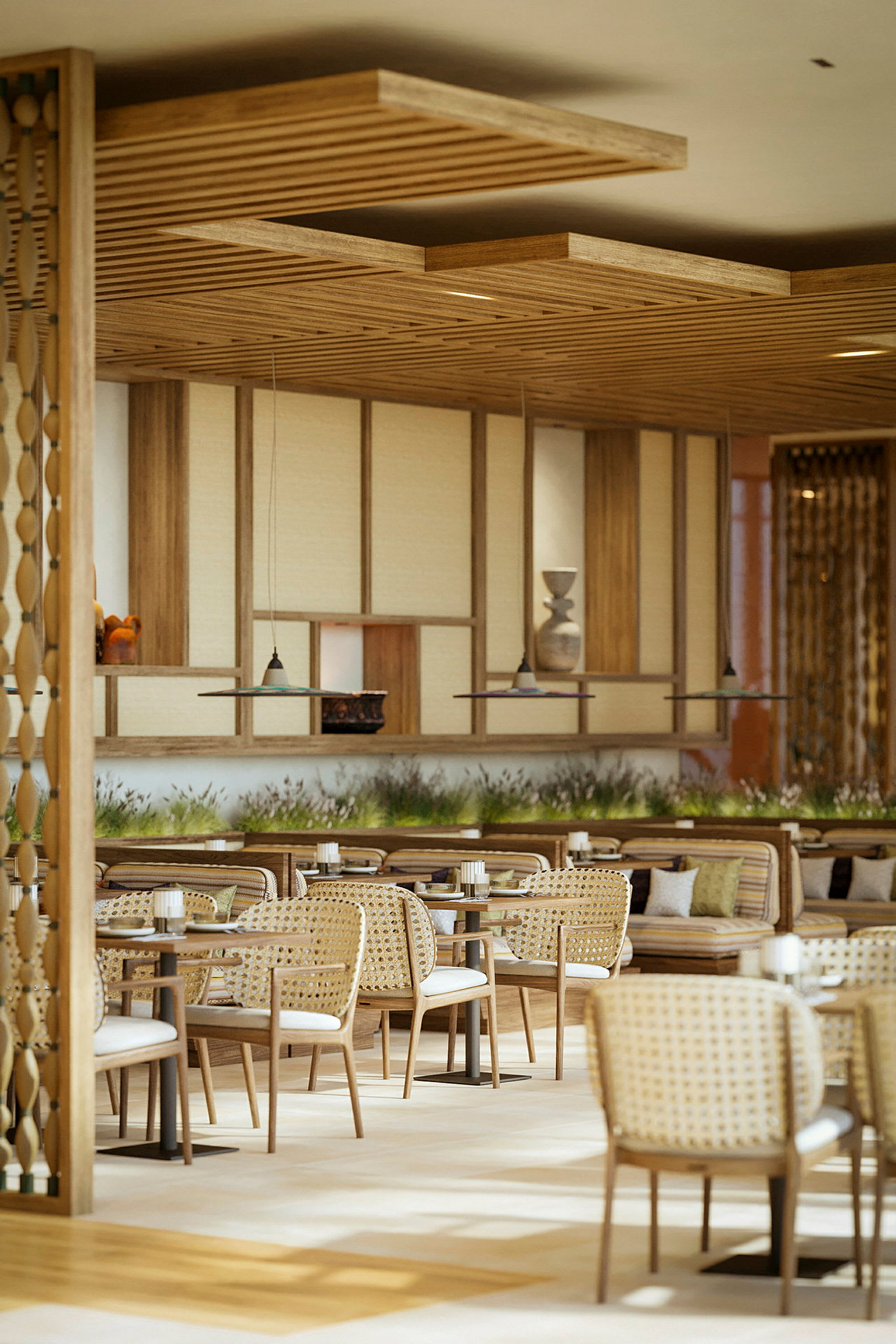 En moderne restaurant med treinnredning, bord, stoler og sofaer. Vegger dekorert med paneler og hyller. (AI-generert tekst)