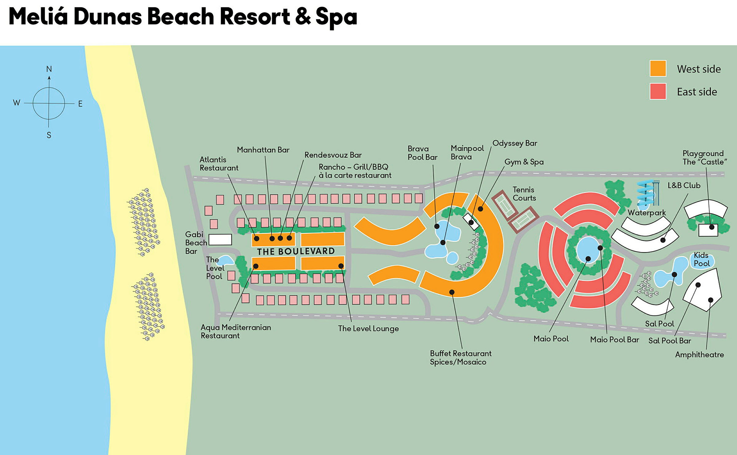 Kart over Melia Dunas Beach Resort & Spa. (AI-generert tekst)