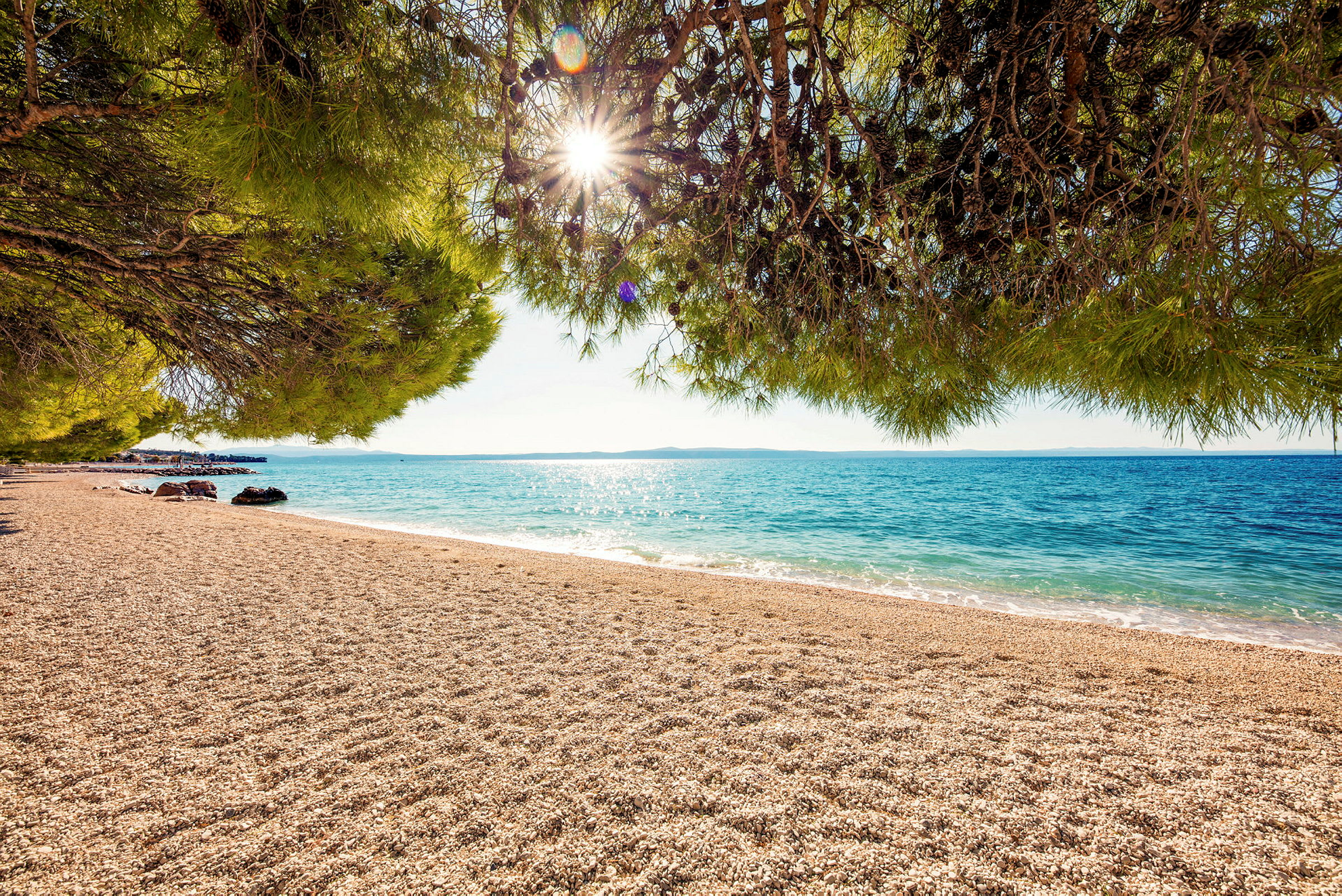 En solfylt sandstrand med klart blått hav og grønne trær ved stranden. (AI-generert tekst)