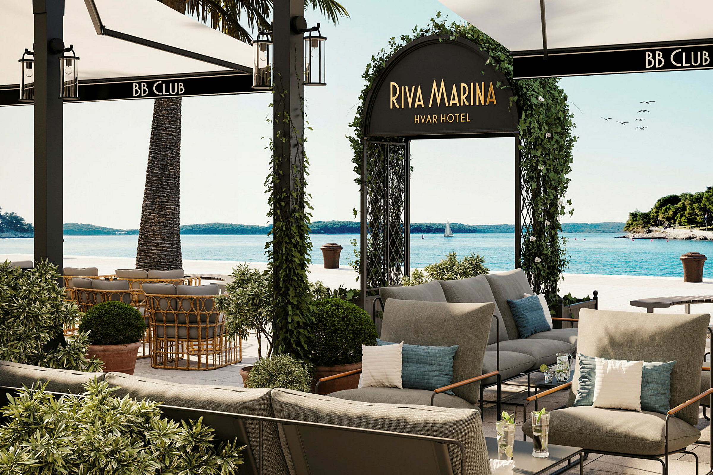 Loungeområde ved et hotell med utsikt over havet. (AI-generert tekst)