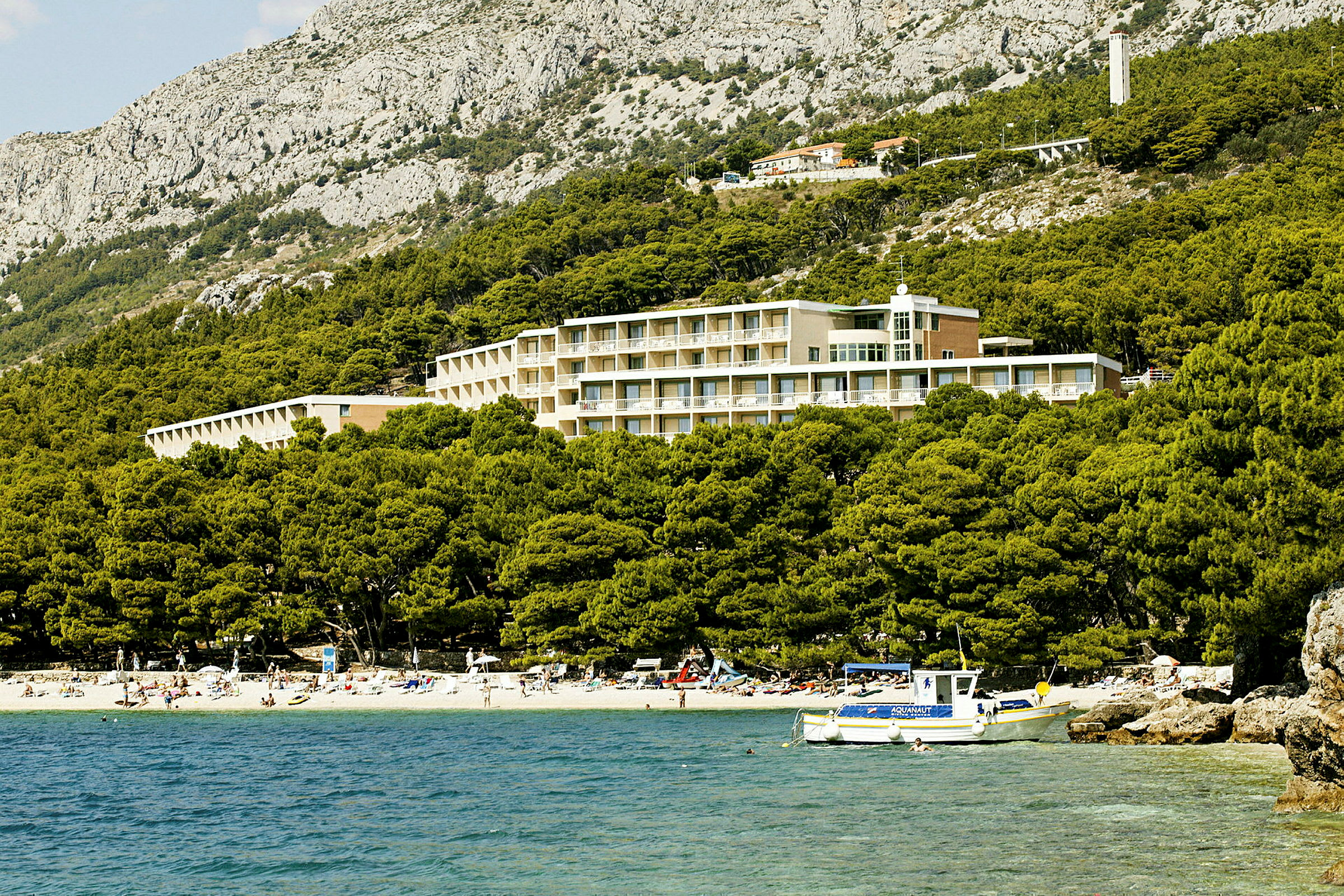 Hotell plassert ved en furuskog og strand i et fjellandskap. (AI-generert tekst)