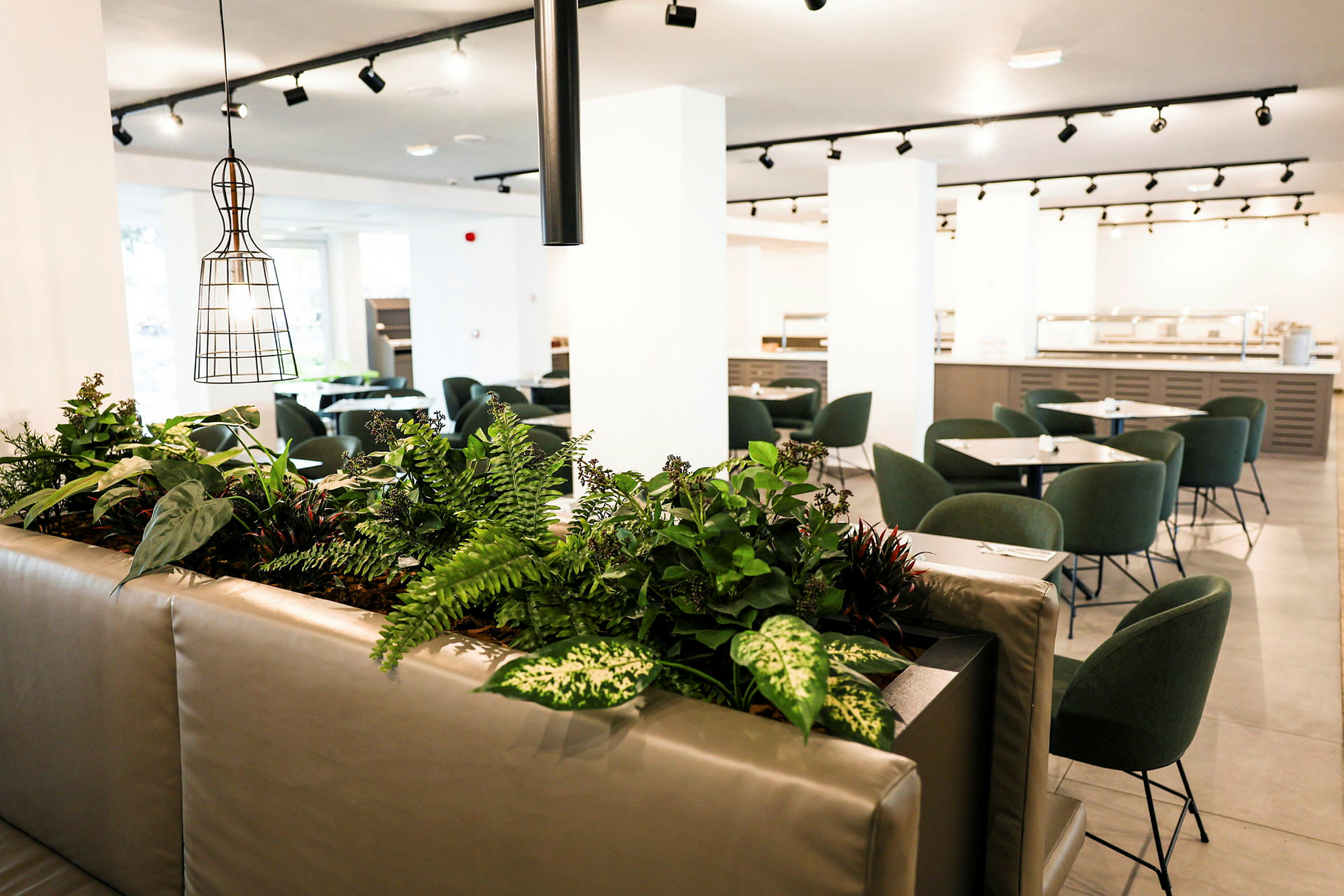 Et moderne innredet spiseområde med grønne stoler og planter som dekorasjon. (AI-generert tekst)