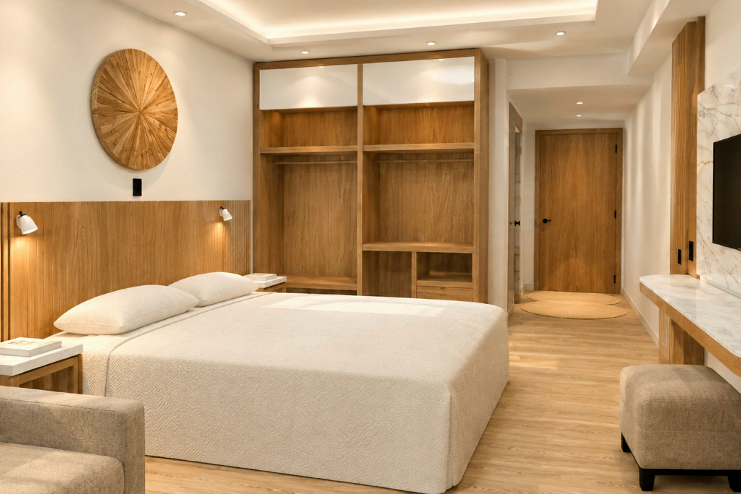 Moderne hotellrom med en stor seng, trematerial og komfortable møbler. (AI-generert tekst)