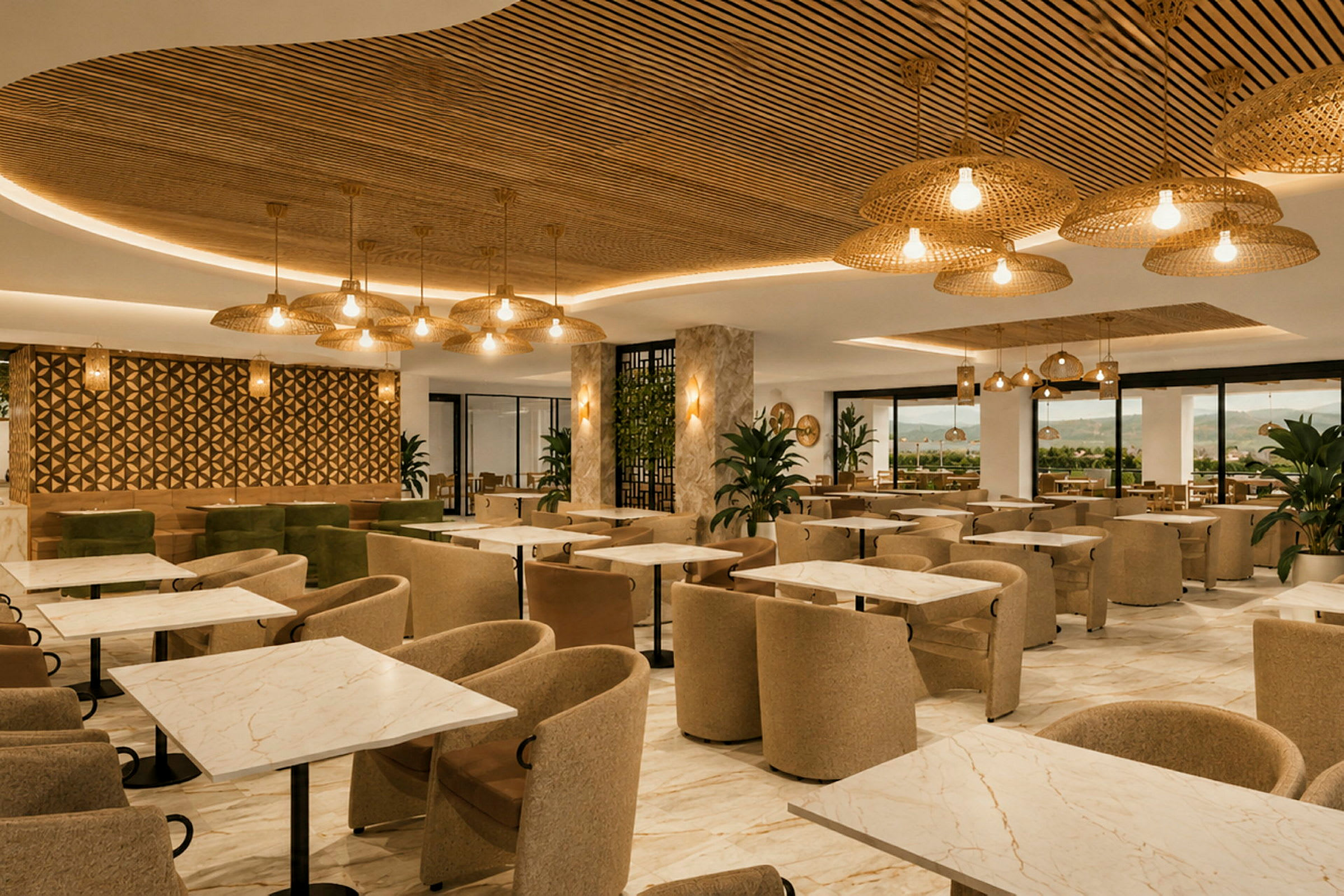 En moderne restaurant med marmorbord, komfortable stoler og dekorative taklamper. Veggene er stilfullt designet, og omgivelsene inkluderer store glassdører og grønne planter. (AI-generert tekst)