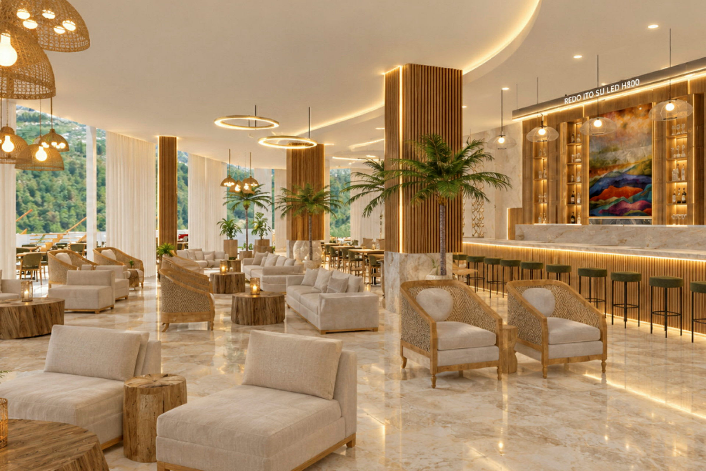 En elegant hotellobby med lyse farger, komfortable sittegrupper og dekorative palmeplanter. (AI-generert tekst)