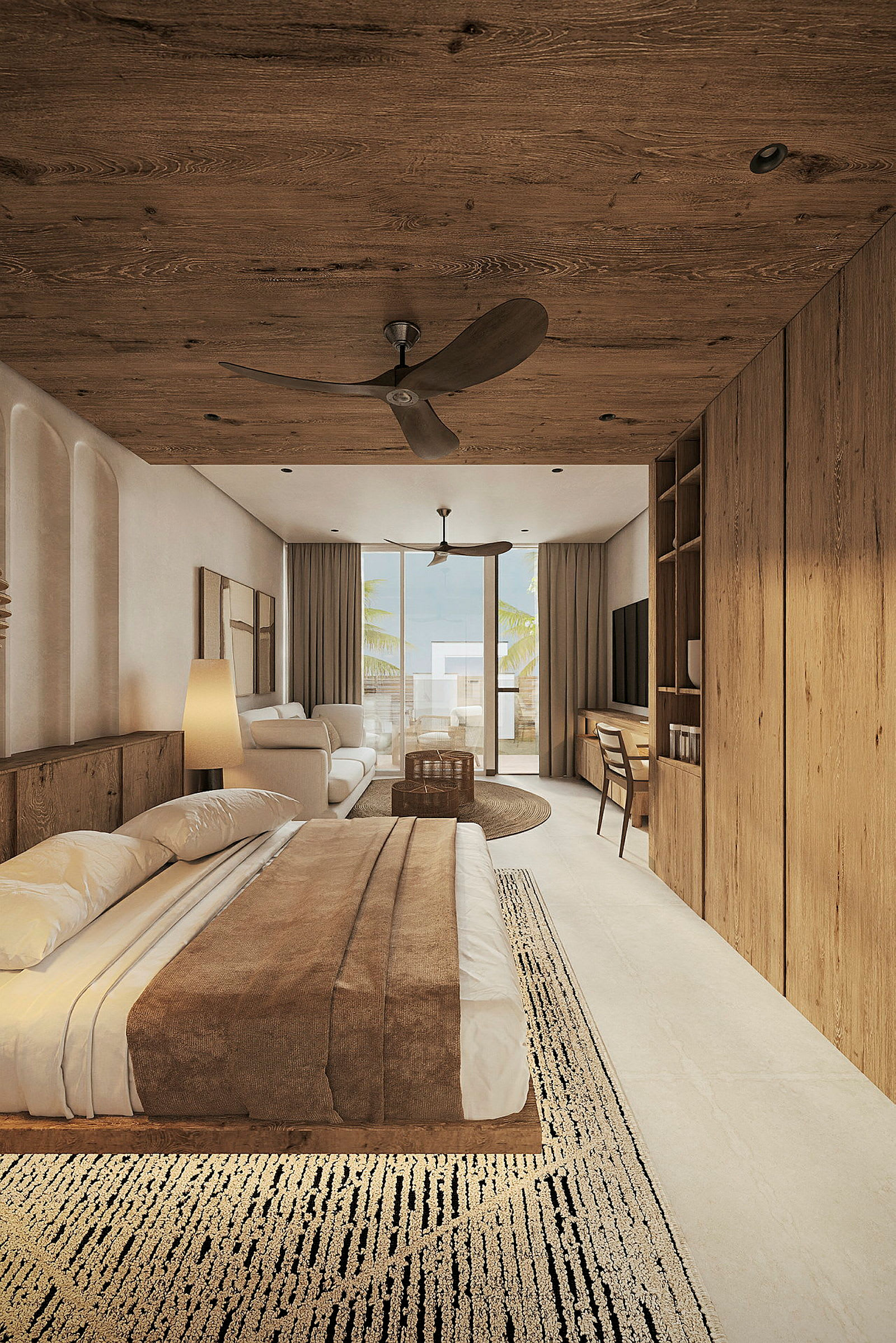 Et moderne hotellrom med tredetaljer, seng, sittegruppe og balkong. (AI-generert tekst)