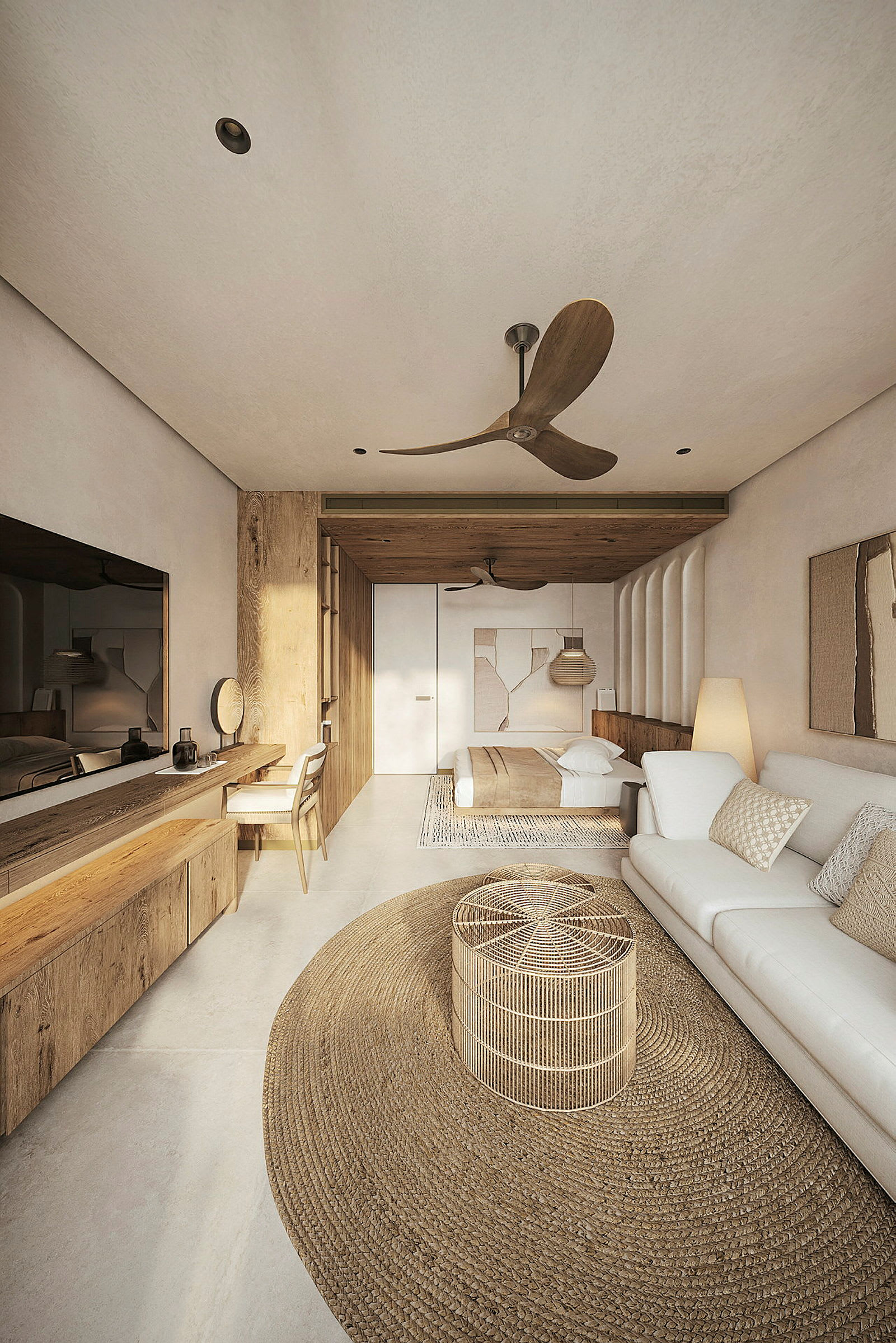 Moderne hotellrom med lys innredning og naturmaterialer. (AI-generert tekst)