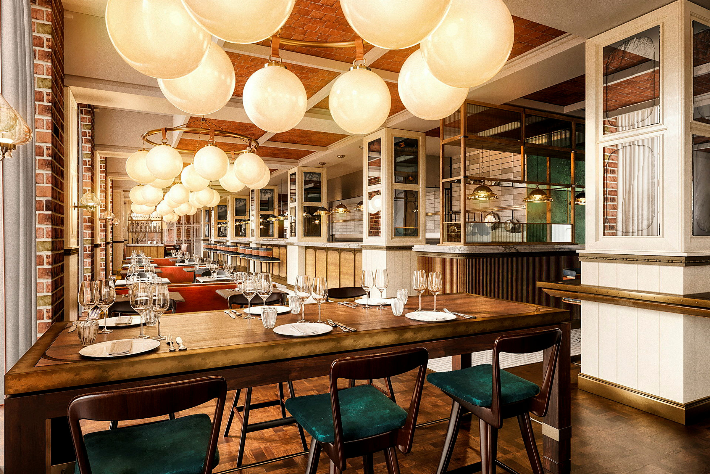 Interiør av en elegant restaurant med dekkede spisebord og glasslamper i taket. (AI-generert tekst)