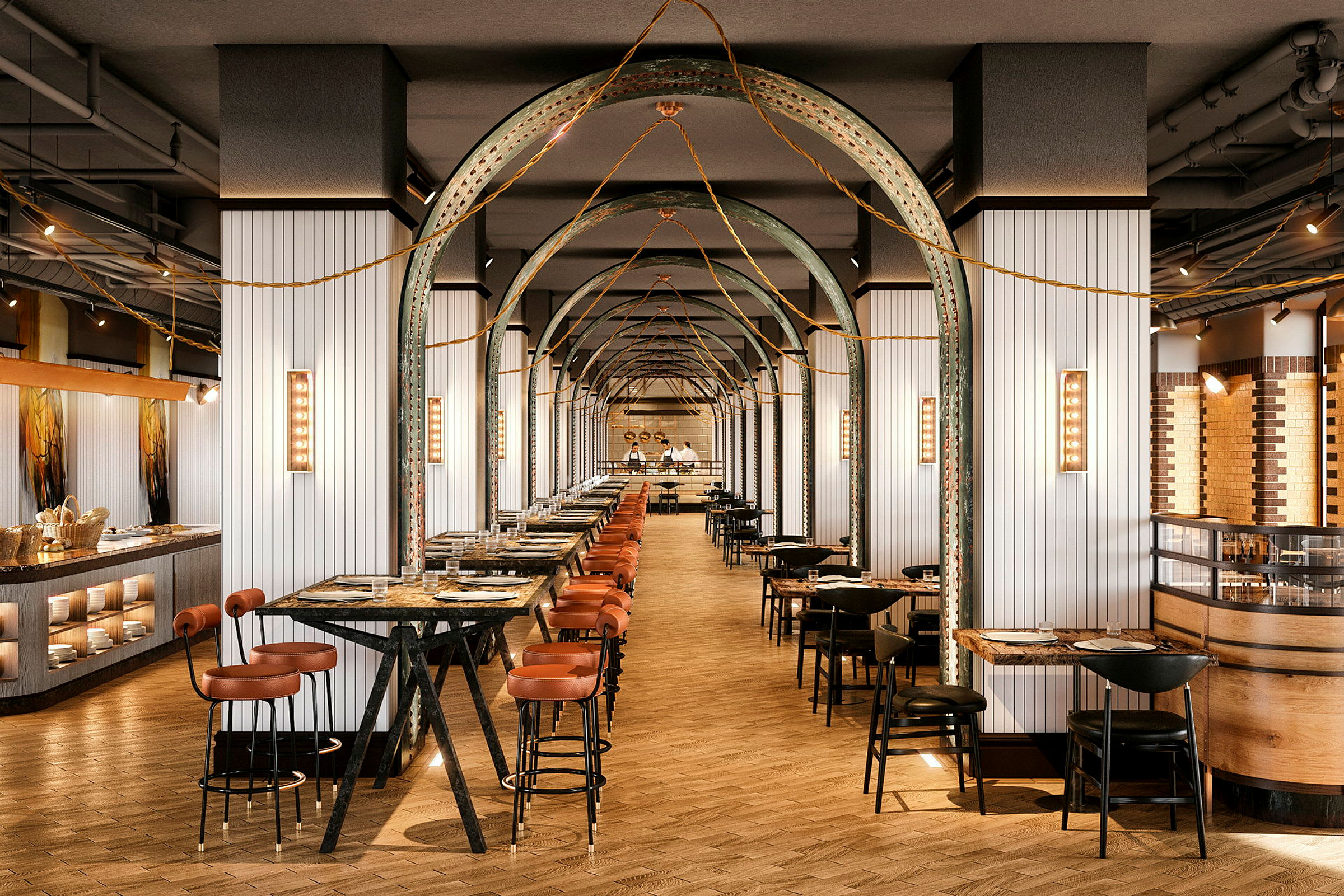 En restaurant med moderne interiørdetaljer som bord og stoler plassert langs en gangvei. Store hvelv og dekorative elementer er synlige. (AI-generert tekst)