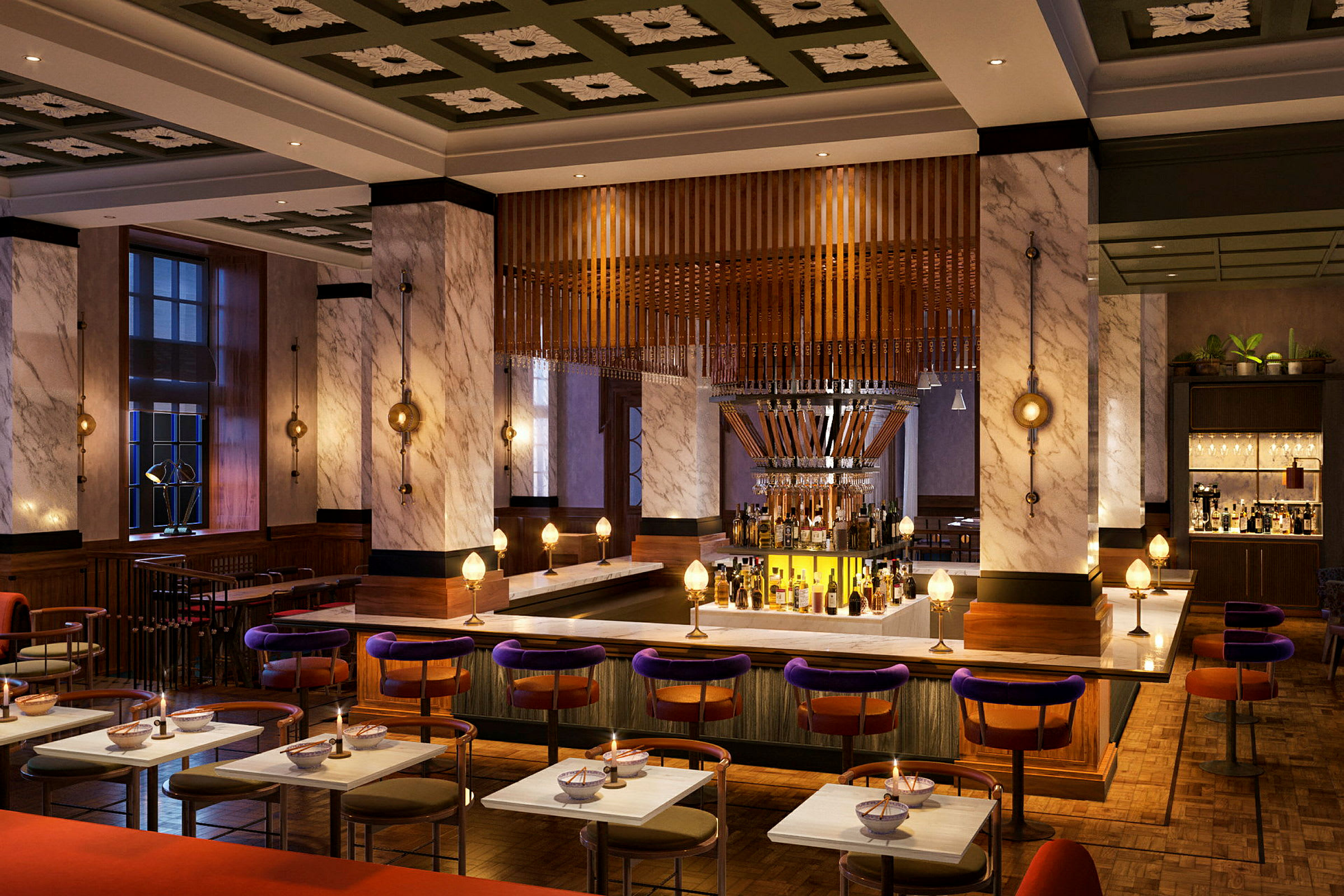 En elegant bar med marmorsøyler, moderne møbler og varme belysningsdetaljer. (AI-generert tekst)