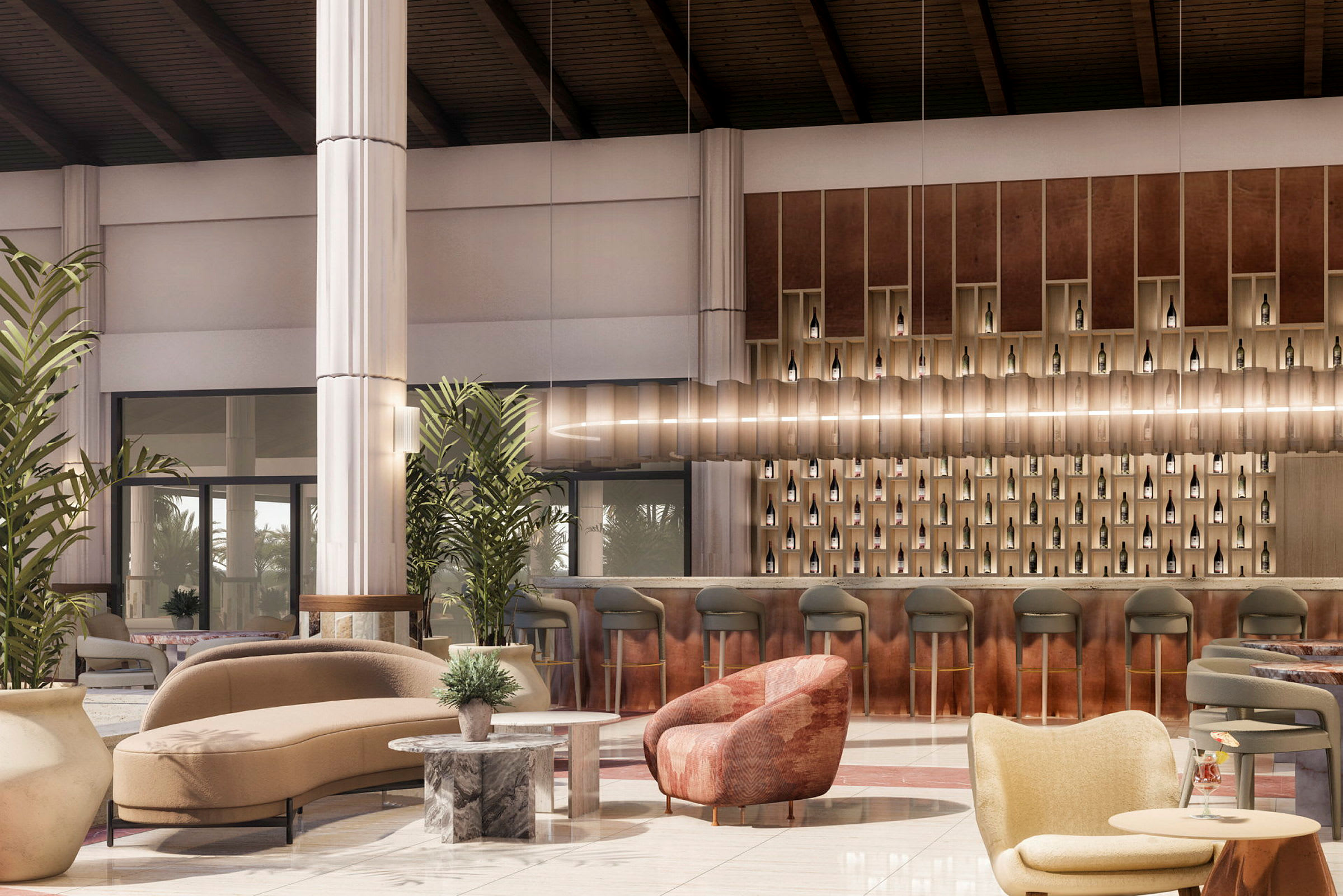 En elegant hotellobby med moderne møbler, planter og en stilig bardisk med flasker på veggen. (AI-generert tekst)