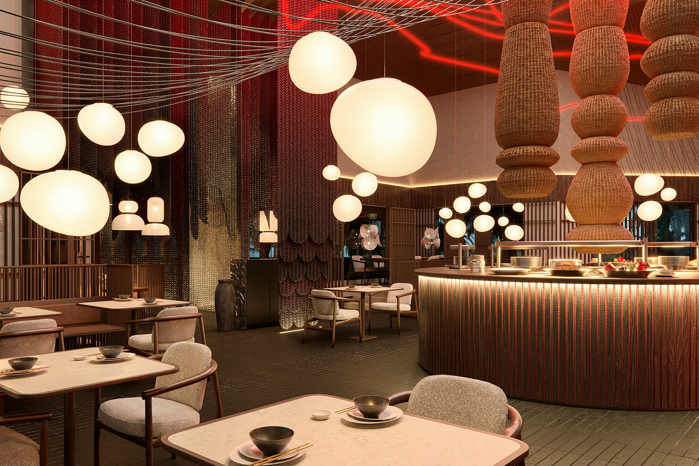 Bilde av et elegant restaurantinteriør med runde taklamper og stilfulle møbler. (AI-generert tekst)