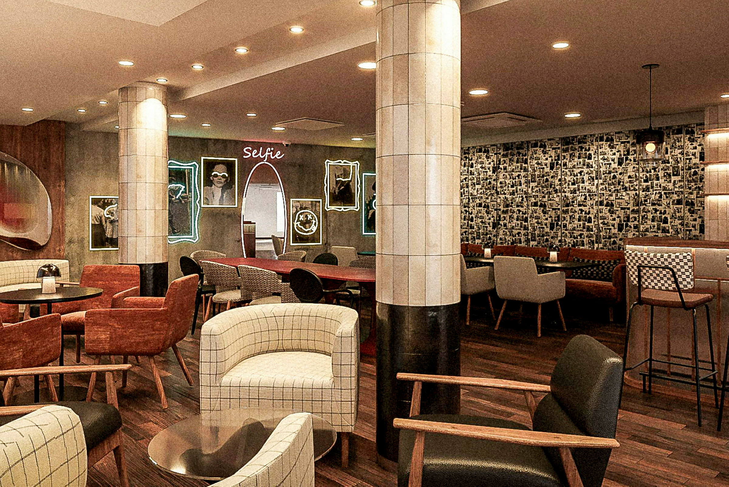 En moderne lounge med stoler, bord og dekorerte vegger. (AI-generert tekst)