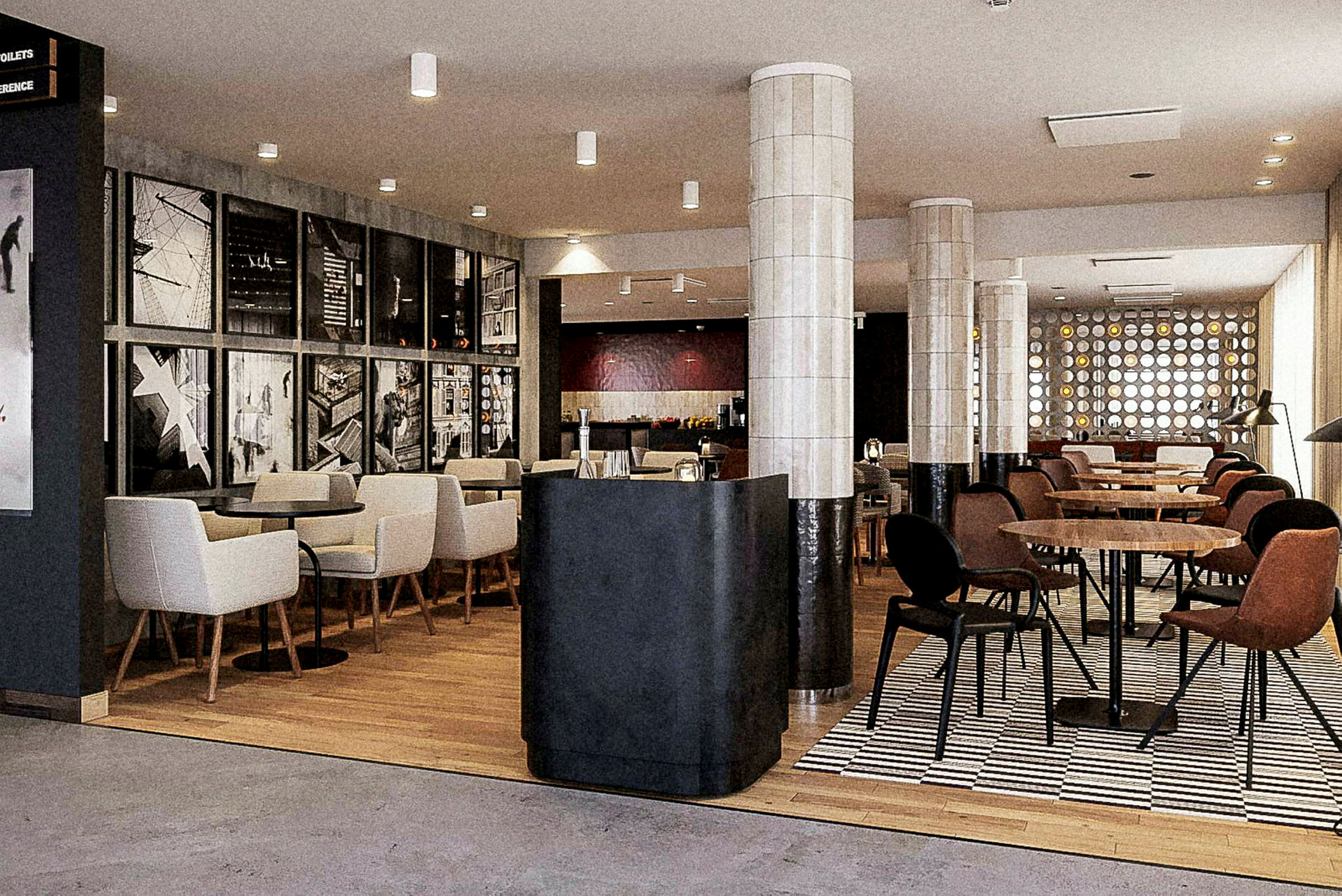 En restaurant med bord og stoler samt en vegg dekorert med fotografier. (AI-generert tekst)