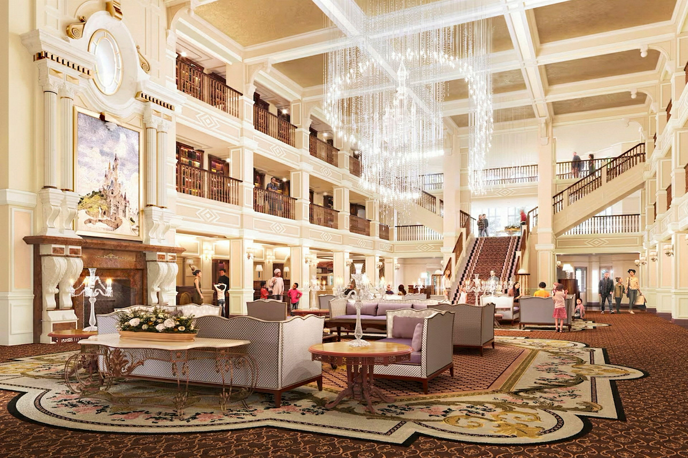 Interiør av en elegant hotellobby med sofagrupper, trapper og lysekrone. (AI-generert tekst)