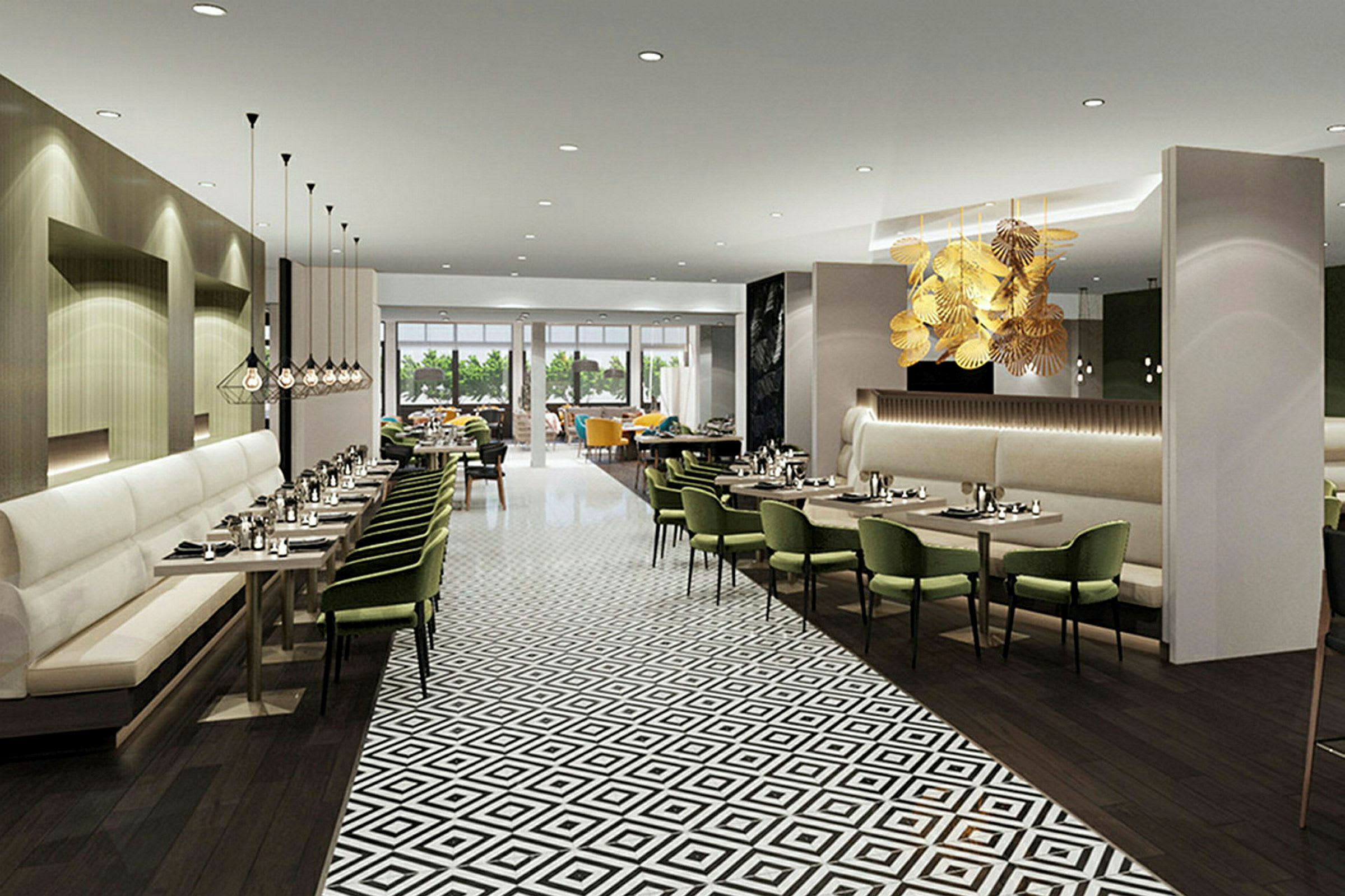 Bilde av en moderne restaurant med grønne stoler, geometrisk mønstrede gulv og elegante armaturer. (AI-generert tekst)