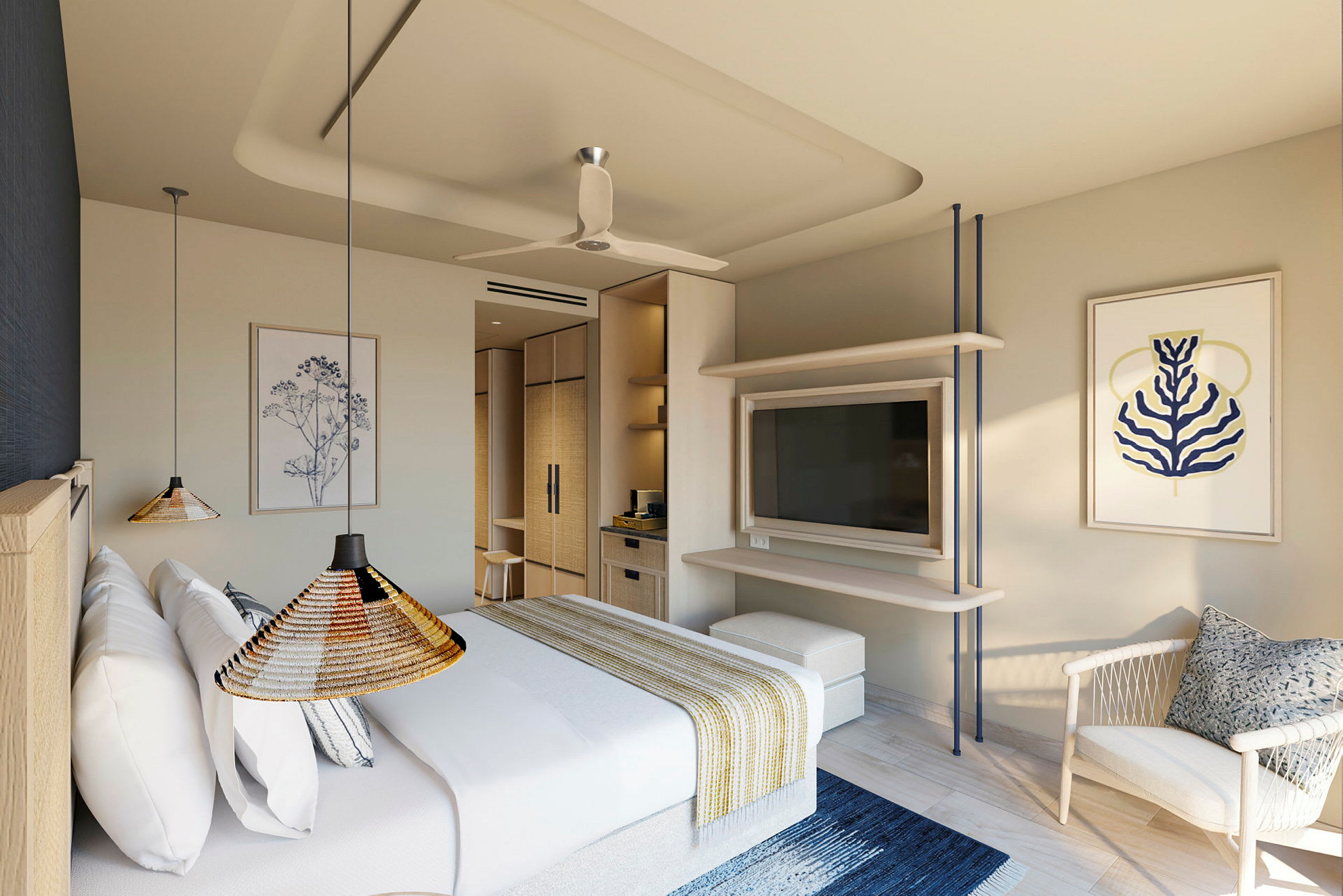 Et moderne hotellrom med en dobbeltseng, kunstverk på veggene og en TV. (AI-generert tekst)