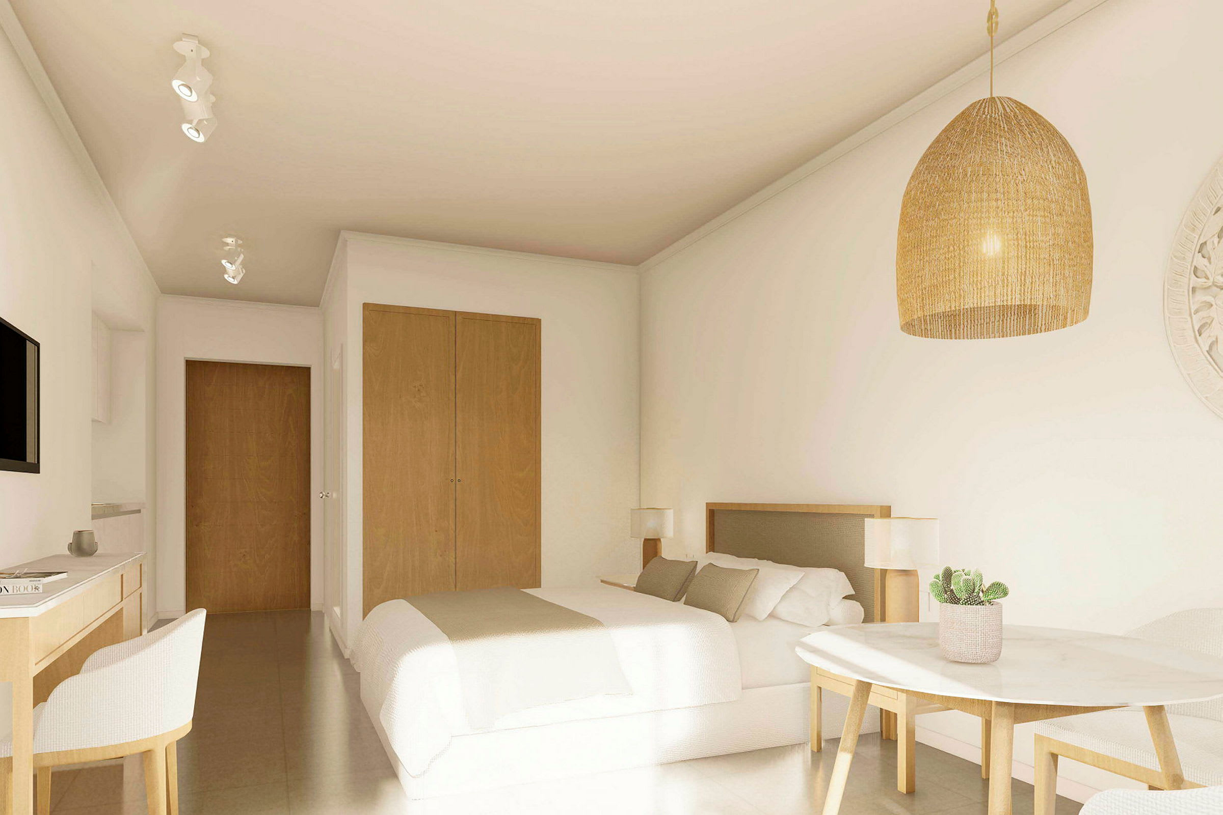 Lyst hotellrom med seng, bord, stol og garderobeskap. (AI-generert tekst)