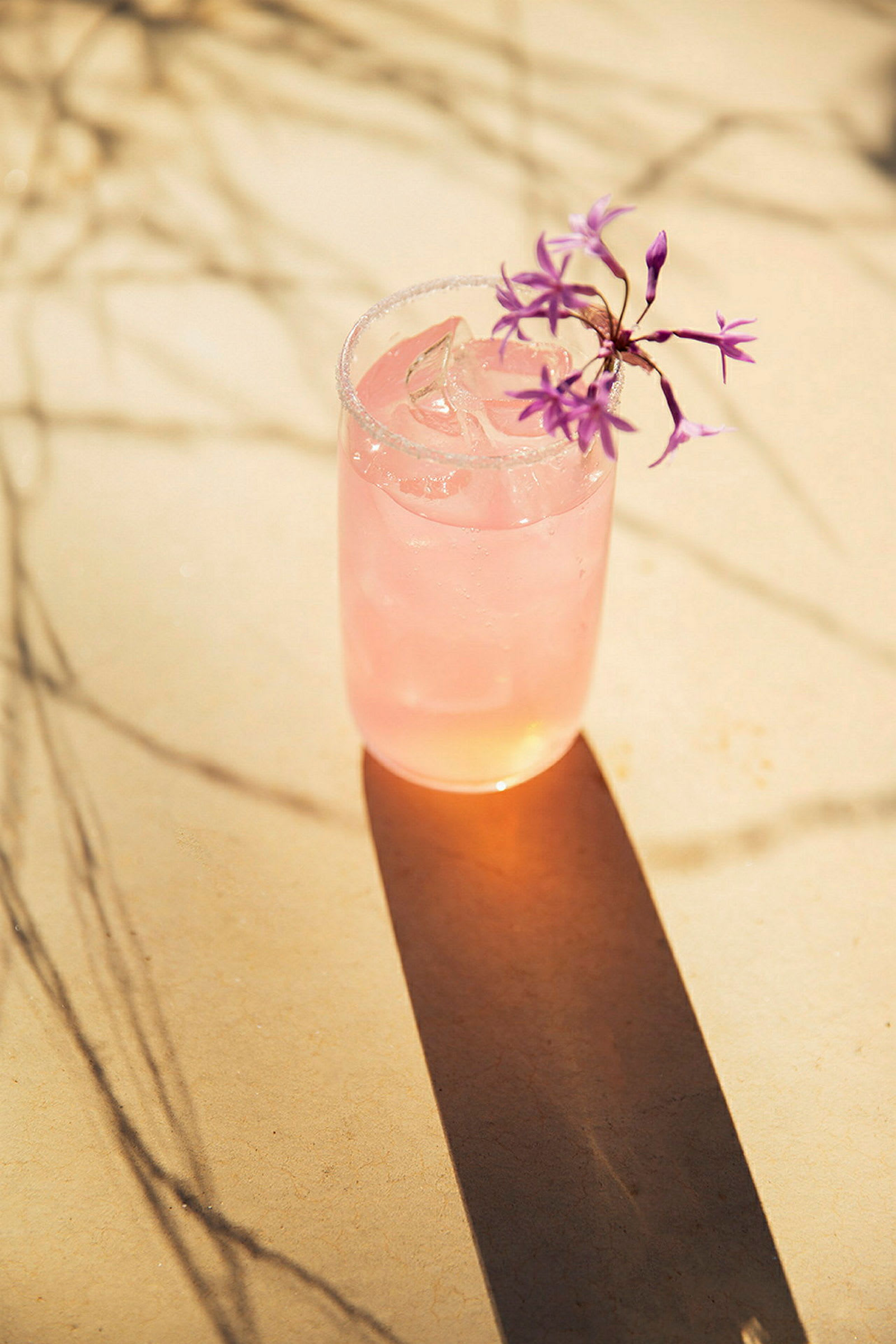 Et glass med rosa drikke med isbiter og en dekorasjon av en lilla blomst på en lys overflate. (AI-generert tekst)