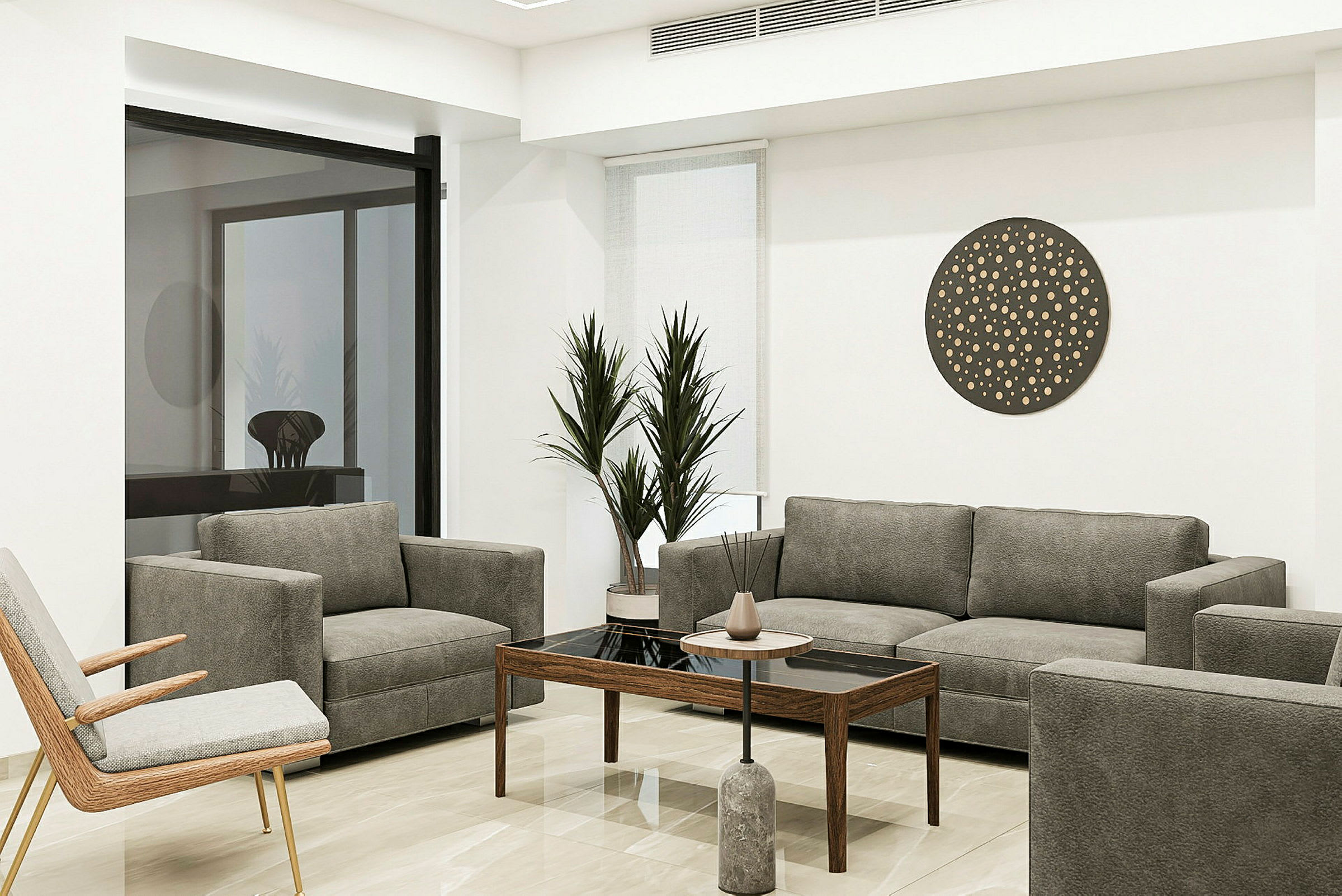 Bilde av moderne stue med grå sofaer, et trebord og dekorative planter. (AI-generert tekst)