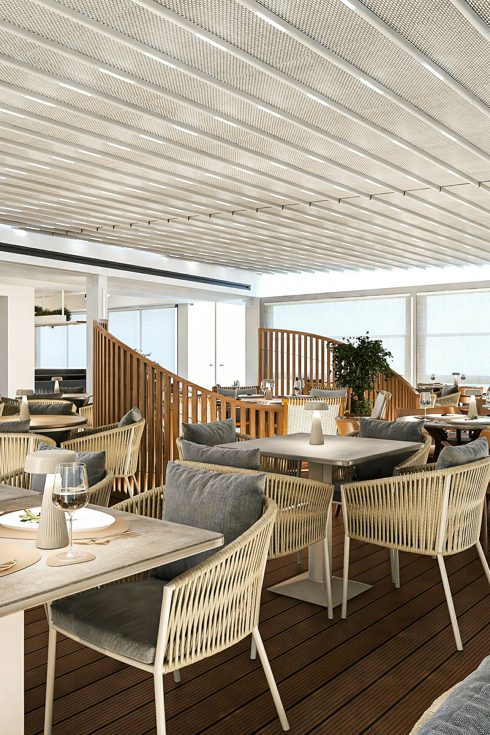 Moderne restaurant med stilfull innredning og lys atmosfære. (AI-generert tekst)