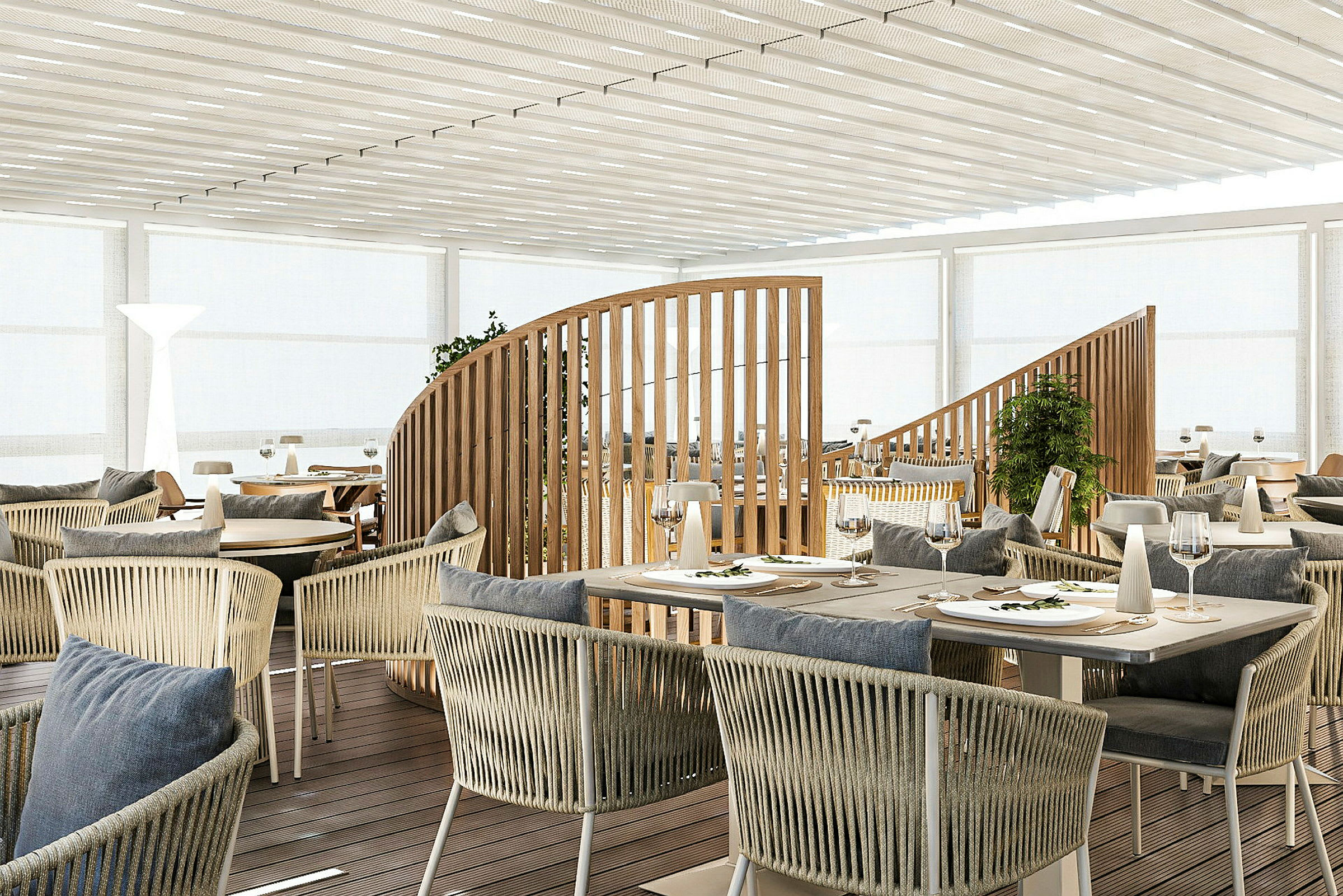 En moderne restaurant med tre- og rottingmøbler og dekkede bord. (AI-generert tekst)