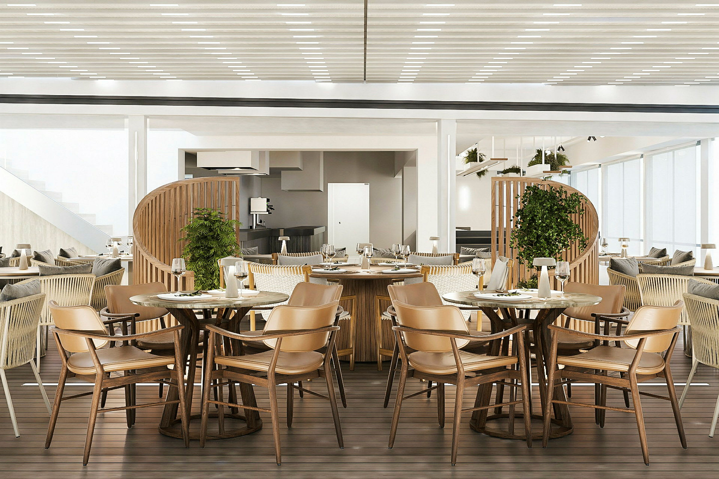 Restaurant med bord og stoler i moderne materialer. (AI-generert tekst)