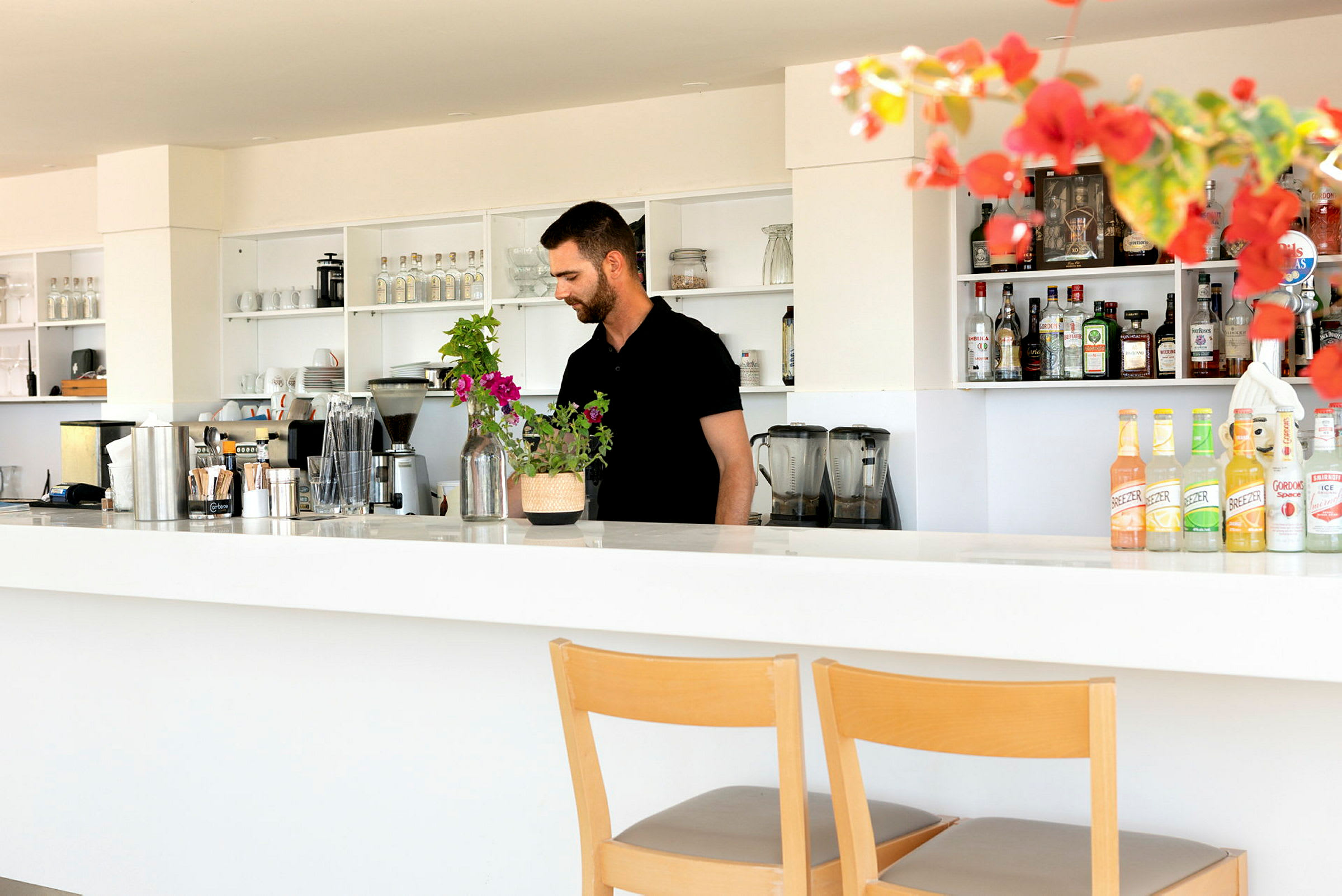 En moderne bar med hyller fylt med flasker og krus samt en hvit bardisk med blomsterdekorasjon. (AI-generert tekst)