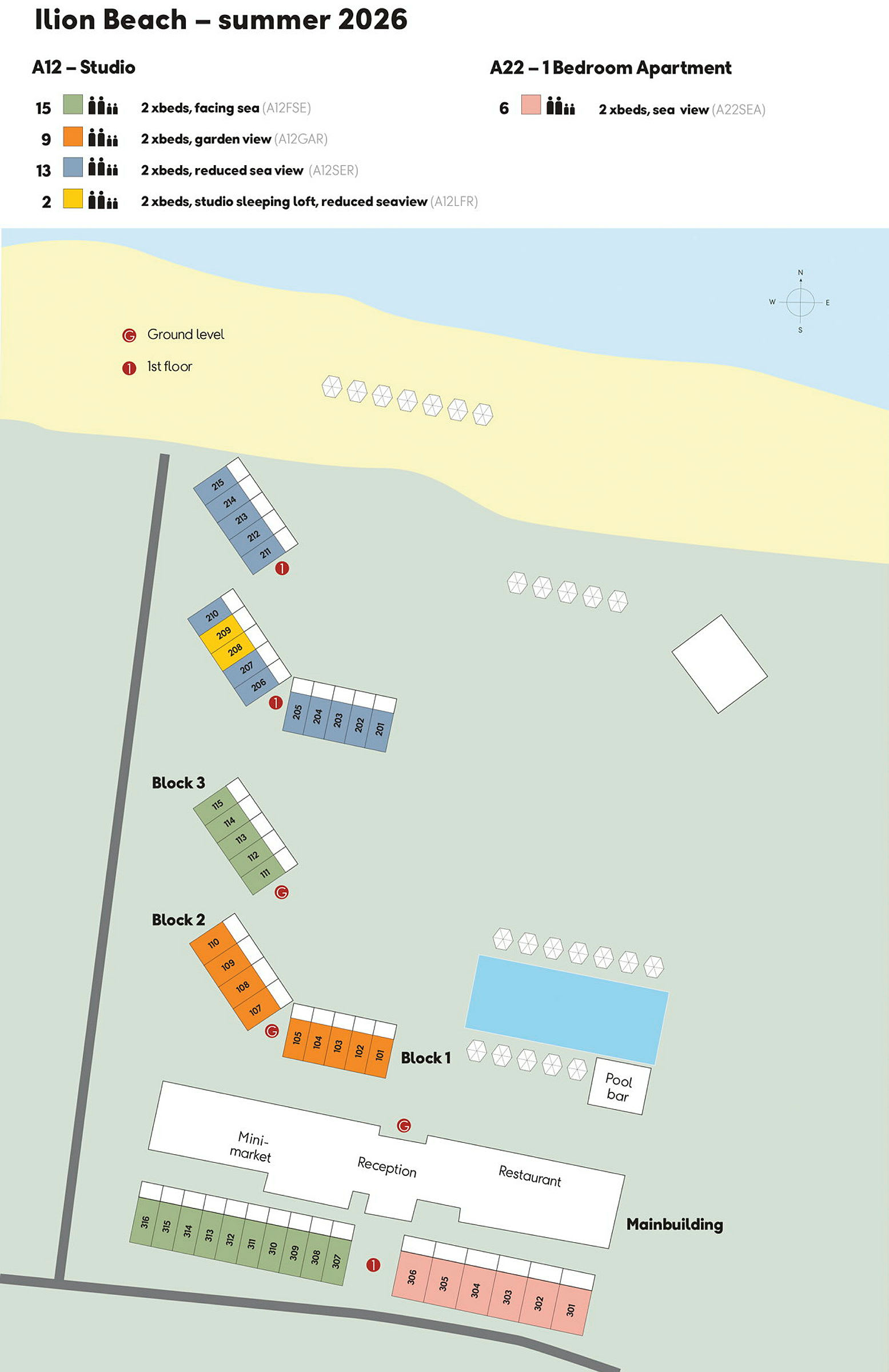 Illustrert kart over ferieanlegget Ilion Beach med bygninger og steder merket. (AI-generert tekst)