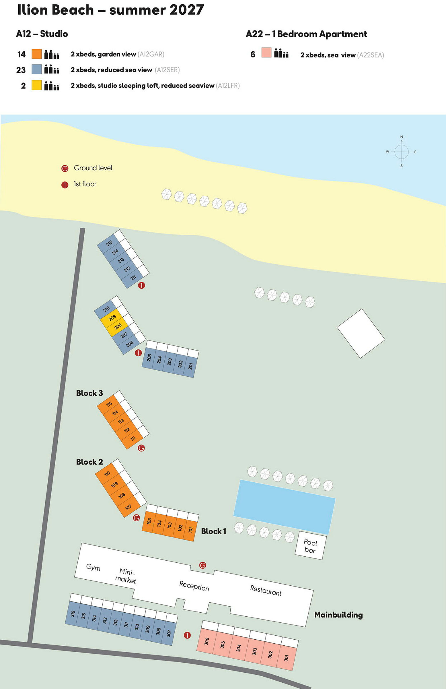 Et kart over et feriested med merkede bygninger, basseng og strand. (AI-generert tekst)