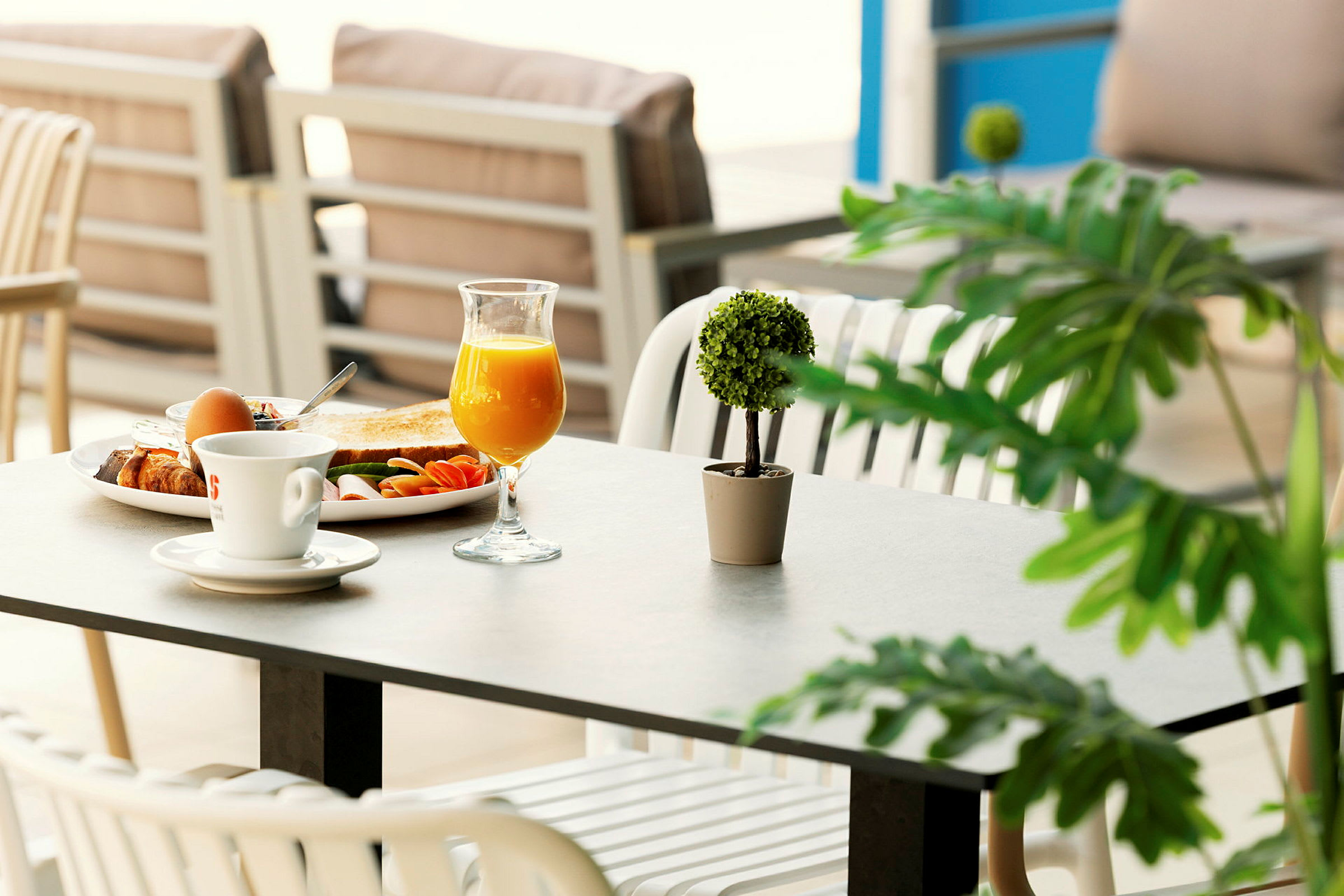 Et dekket bord med frokost som inkluderer et glass appelsinjuice, en kaffe, en tallerken med brød og tilbehør, samt en liten dekorativ grønn plante. (AI-generert tekst)