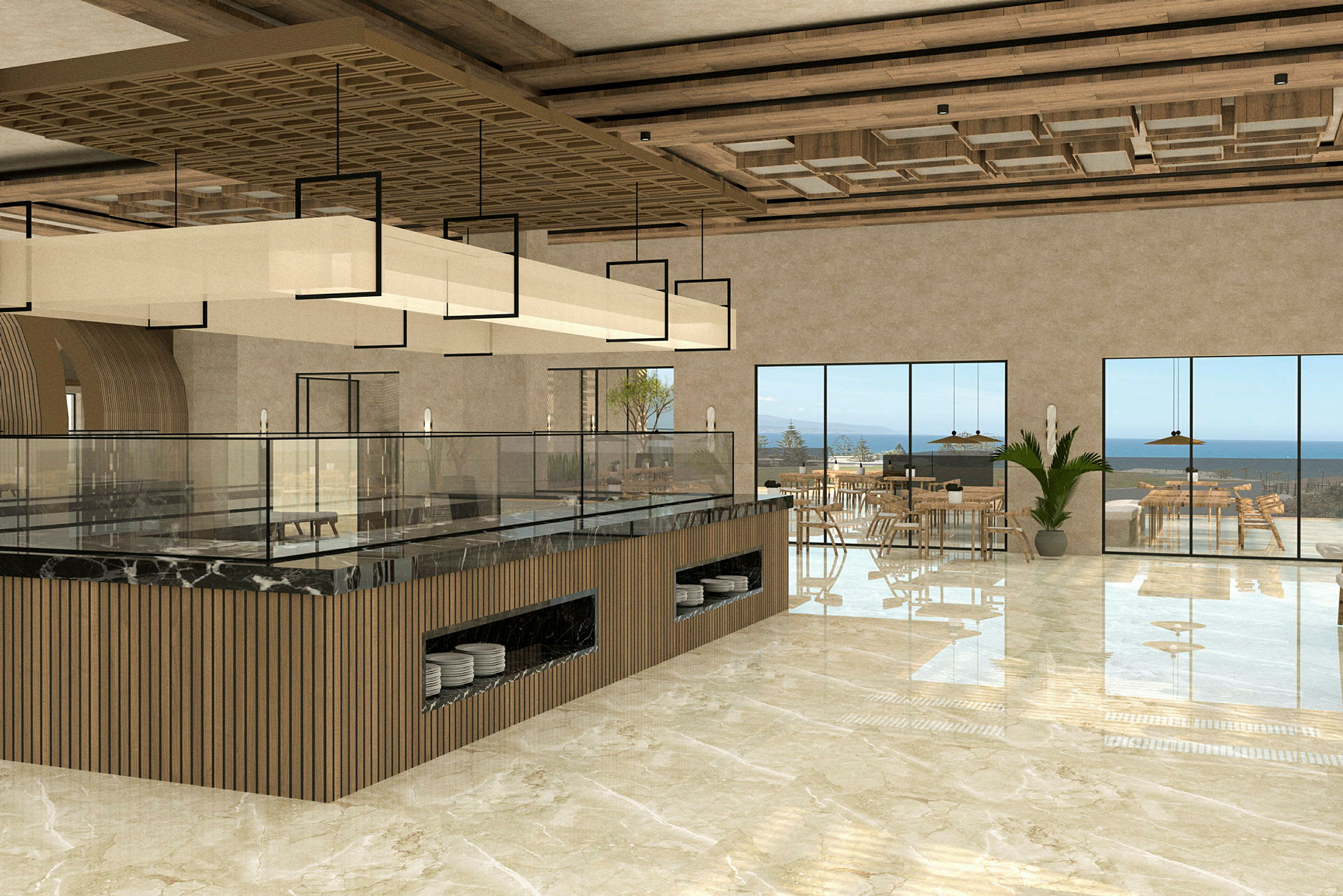Interiør av en restaurant med moderne design, store glassvinduer med utsikt over havet og stilfull innredning. (AI-generert tekst)