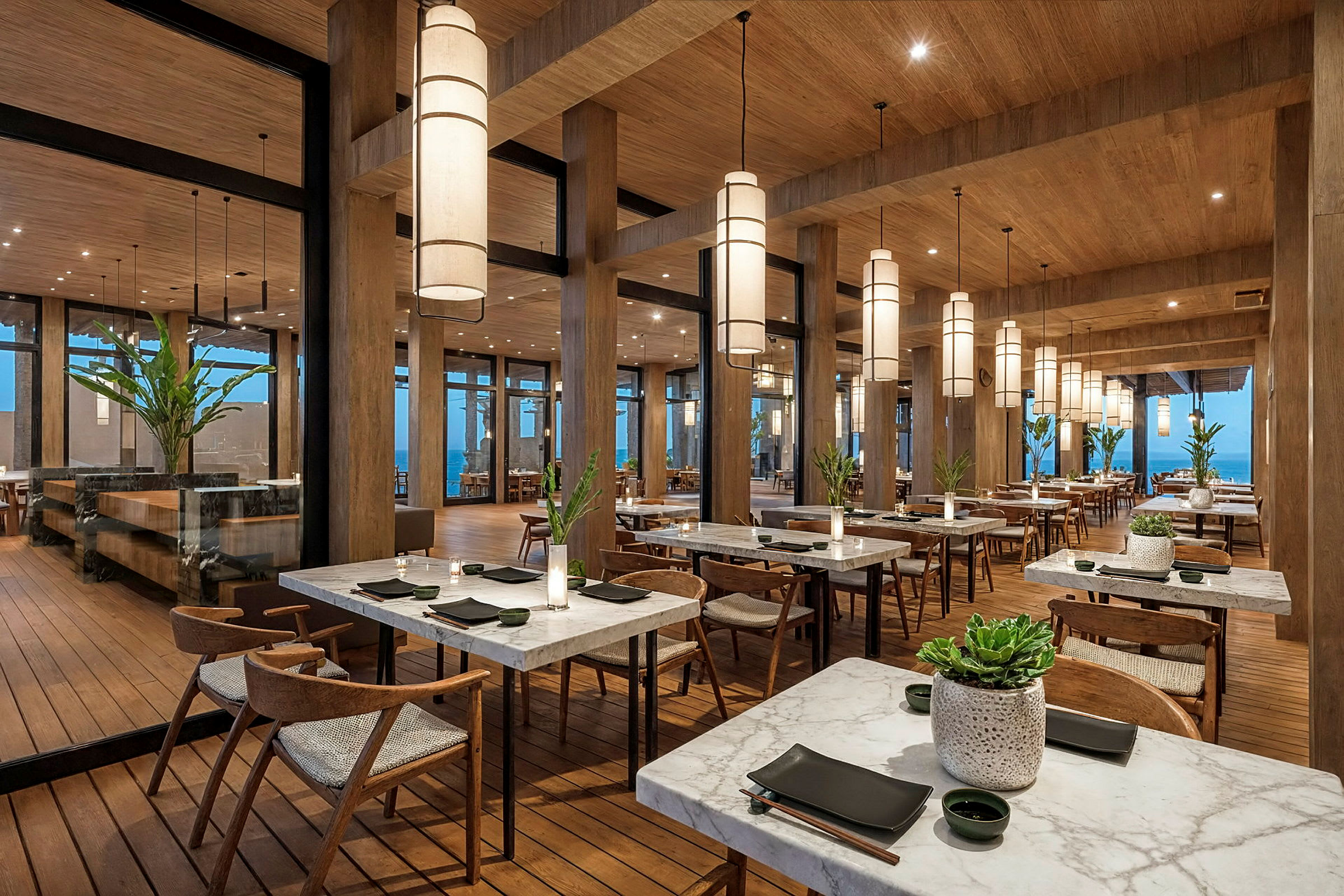 En restaurant med bord og stoler, dekorert med planter og elegante lamper. (AI-generert tekst)