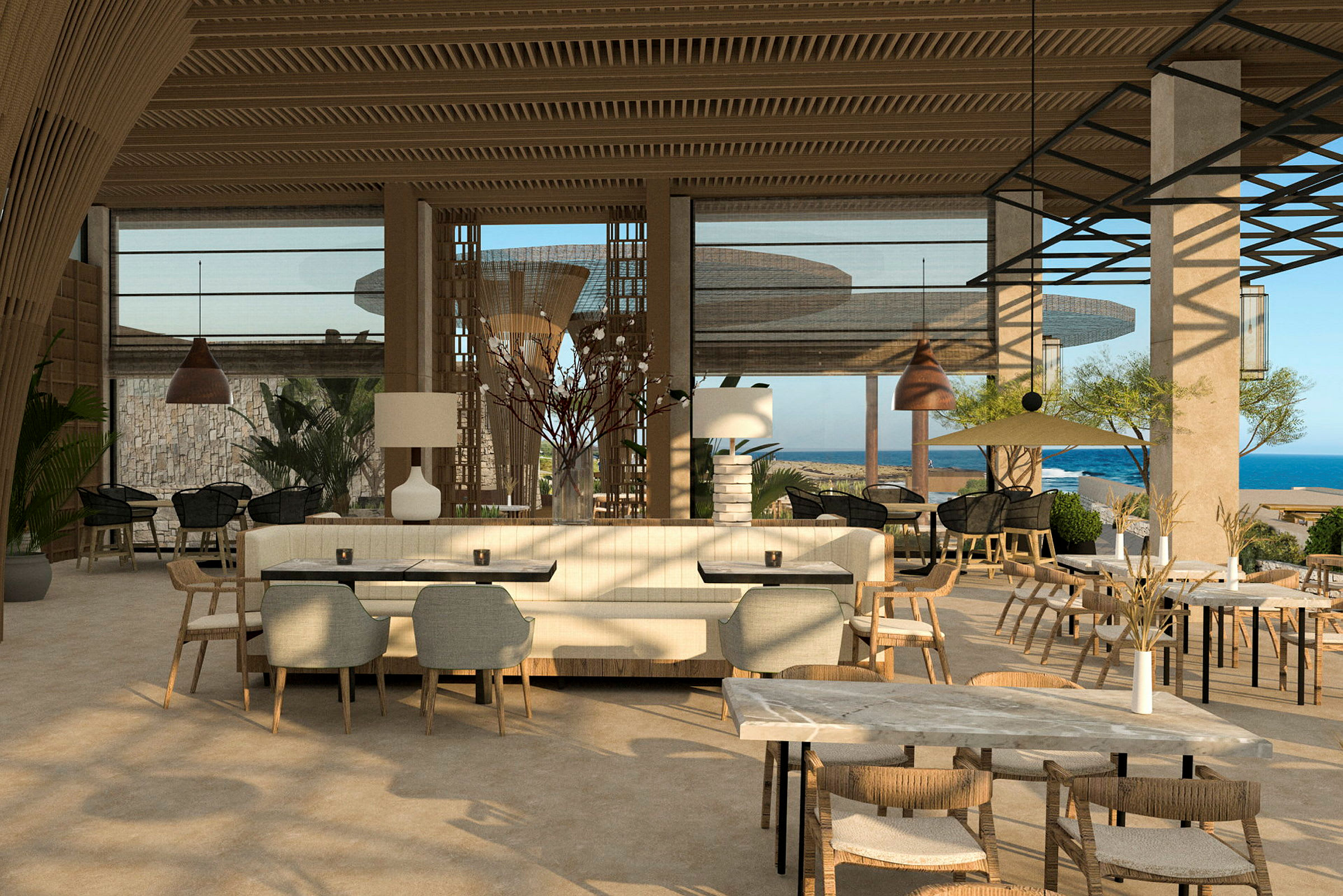 En moderne og luftig innredet restaurant med store vinduer som viser utsikt over havet. (AI-generert tekst)
