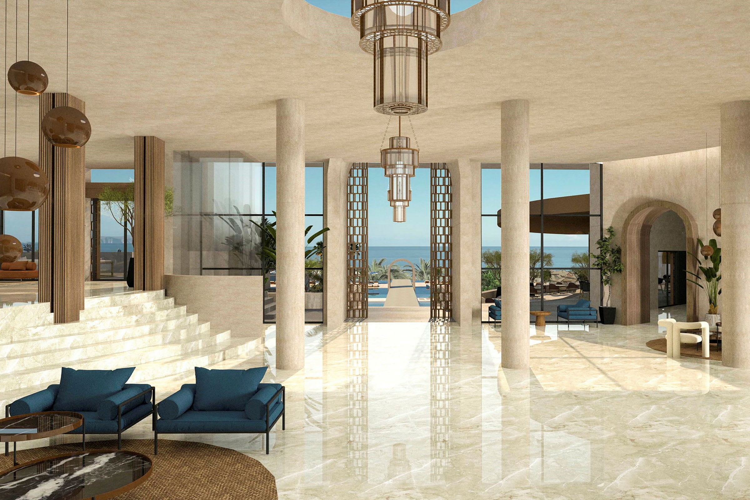 En elegant hotellobby med marmorbelagt gulv, komfortable sitteplasser og en utsikt mot havet gjennom store vinduer. (AI-generert tekst)
