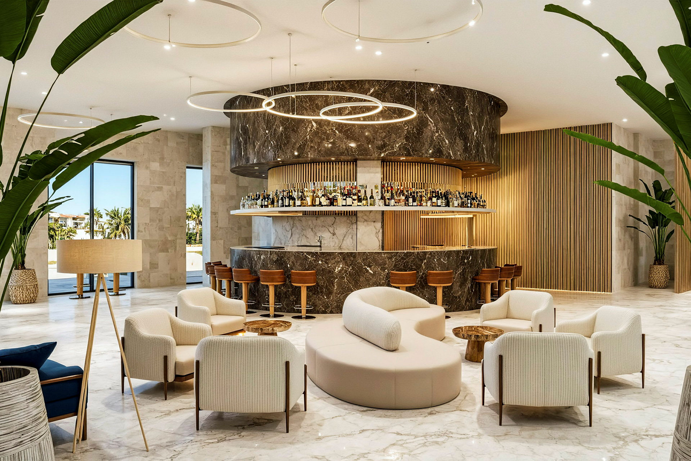 Et elegant hotelloungeområde med moderne møbler og en velassortert bar. (AI-generert tekst)
