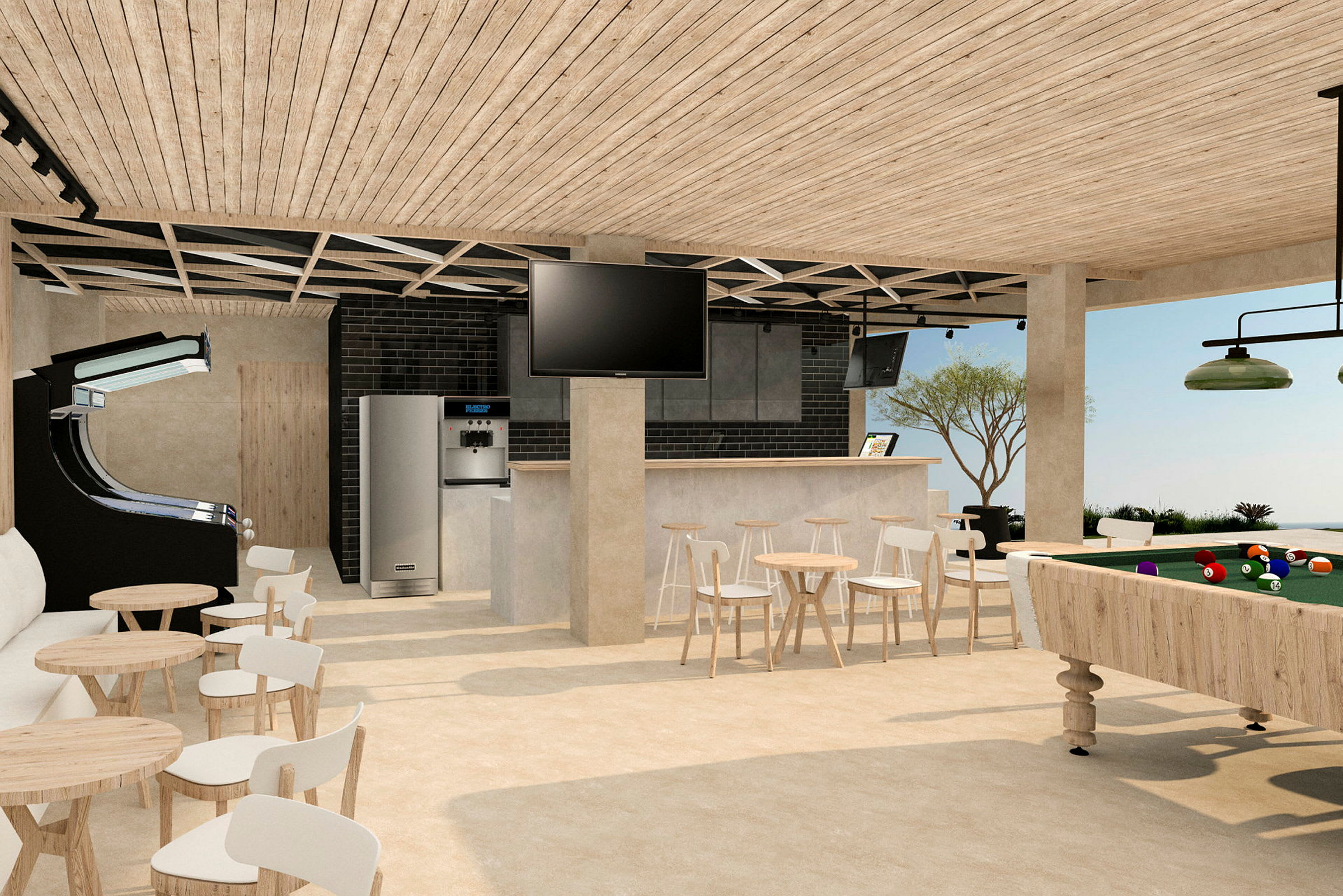 Et rom med biljardbord, arkadespill, bord og stoler samt en bar med TV og fryseboks i en åpen og moderne design. (AI-generert tekst)