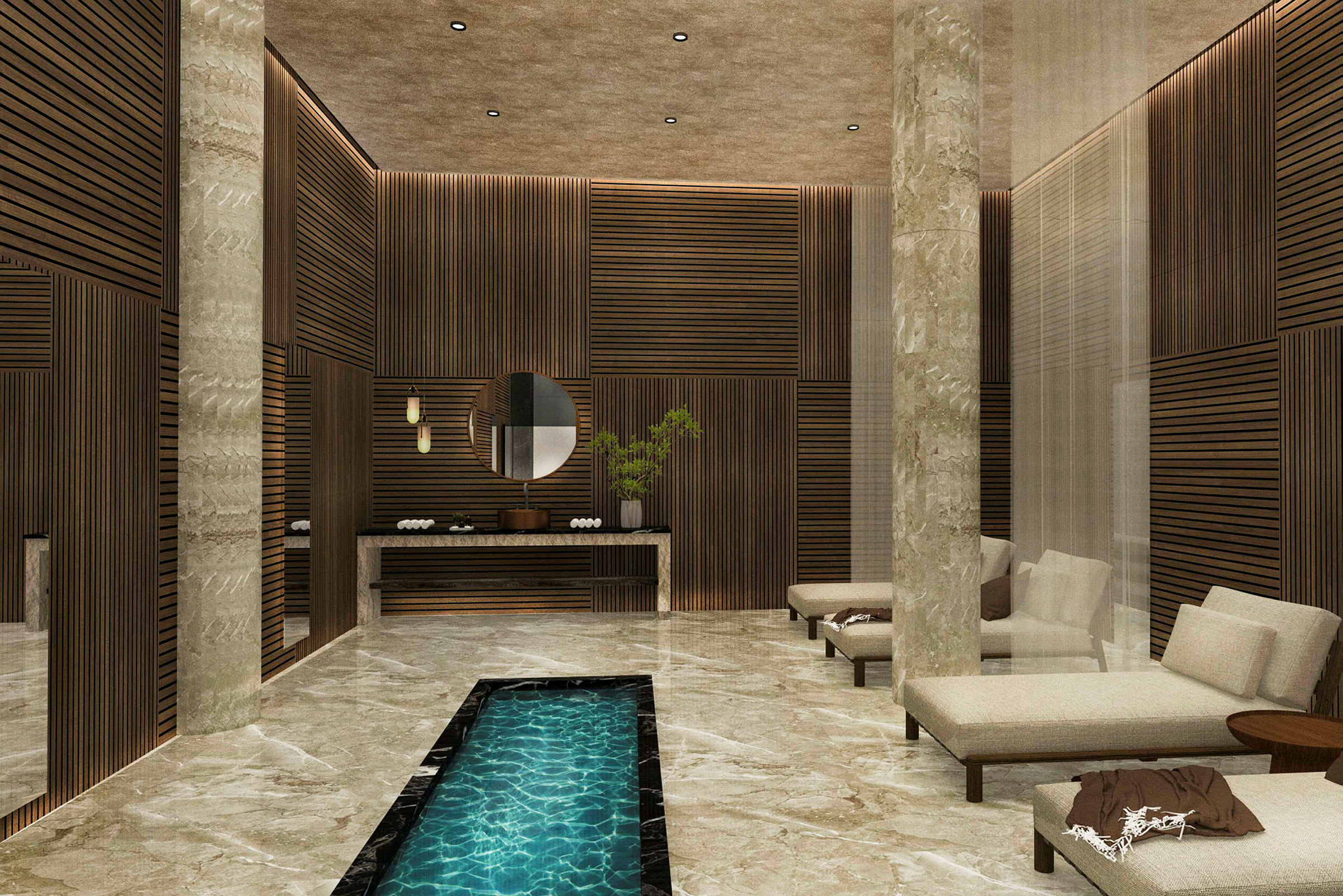 Et elegant spa-rom med marmorgulv, loungemøbler og et langt smalt innendørsbasseng. (AI-generert tekst)