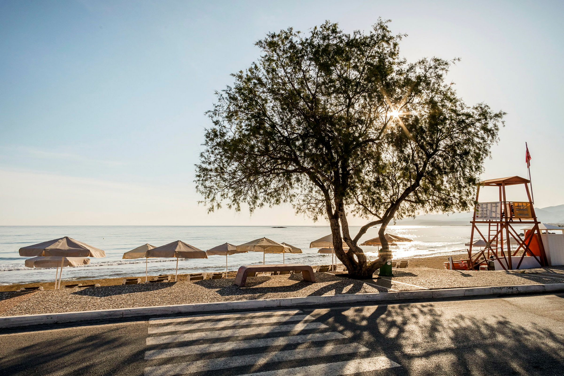 En strand med parasoller, benker og et tre i forgrunnen. Et livreddertårn er synlig til høyre, og havet er i bakgrunnen. (AI-generert tekst)