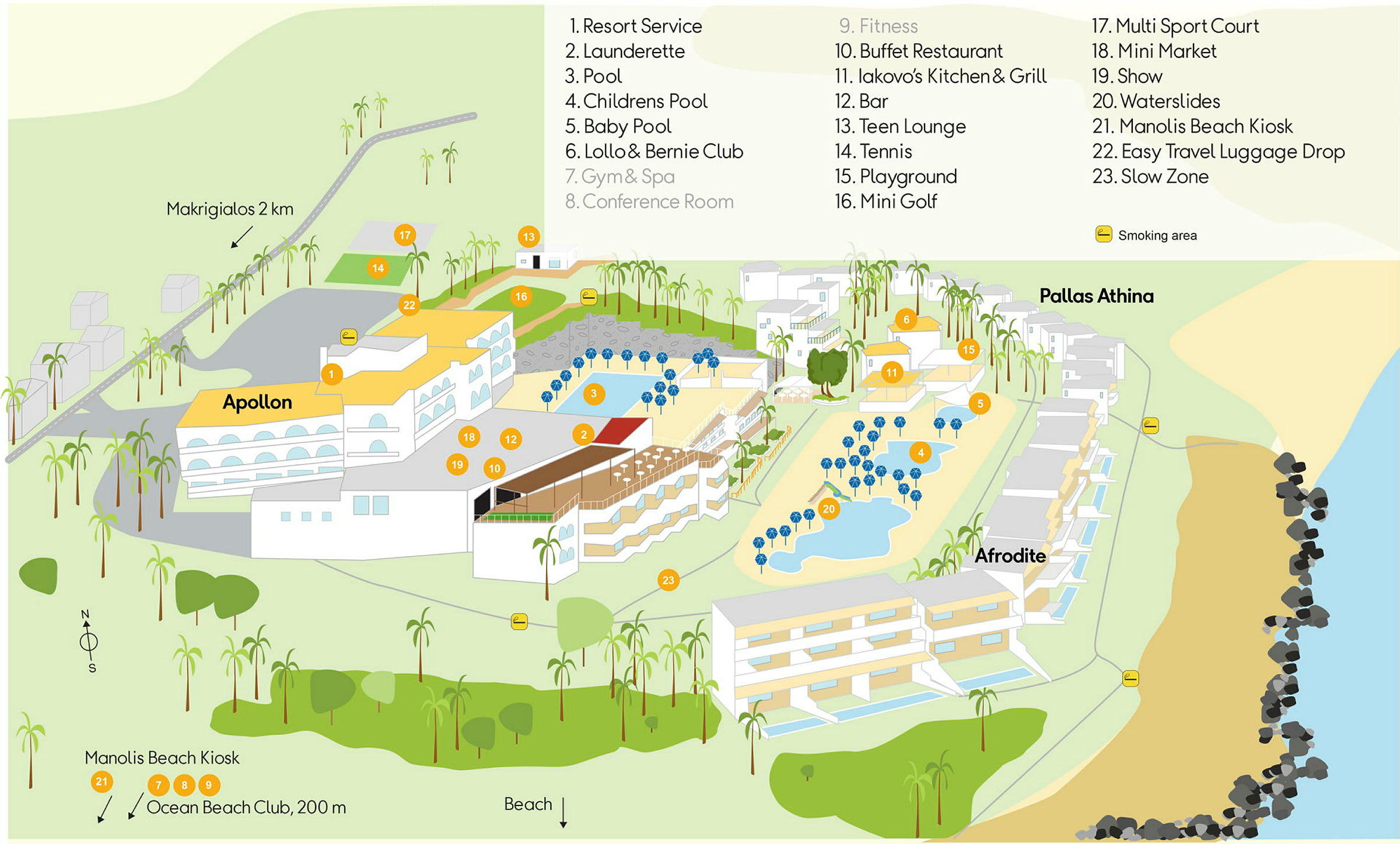 Illustrert kart over et feriested med bygninger, bassenger, lekeplasser og andre fasiliteter, plassert nær stranden. (AI-generert tekst)