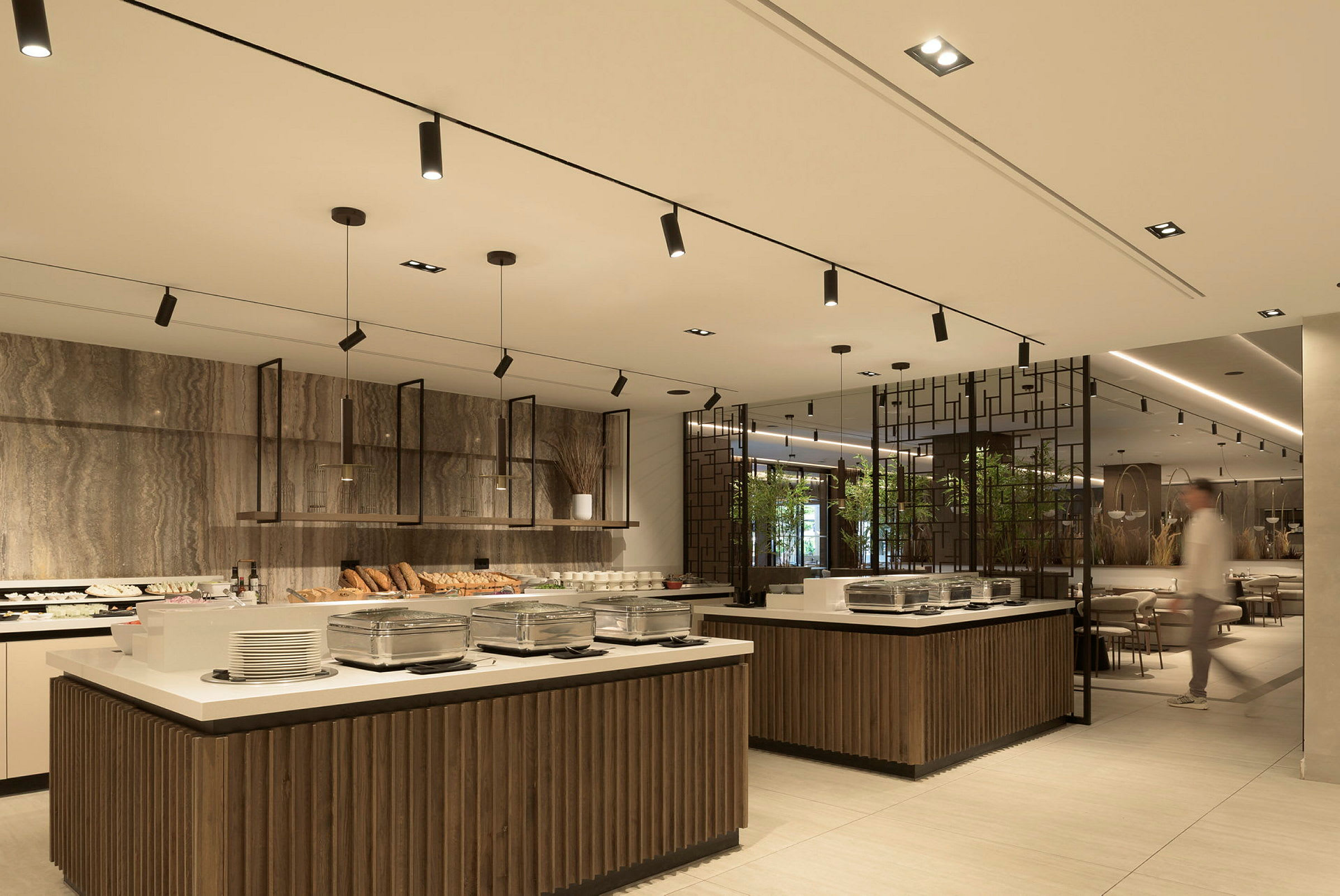 Restaurant med buffetområde og moderne innredningsdetaljer. (AI-generert tekst)