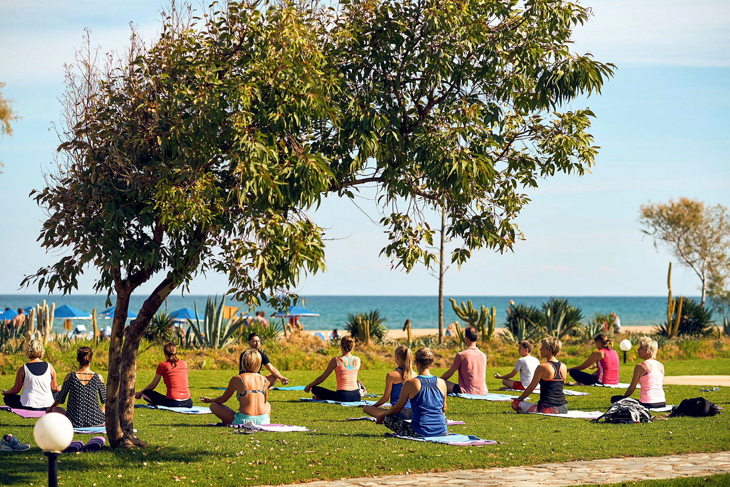 En gruppe mennesker sitter på yogamatter på gress nær havet. (AI-generert tekst)
