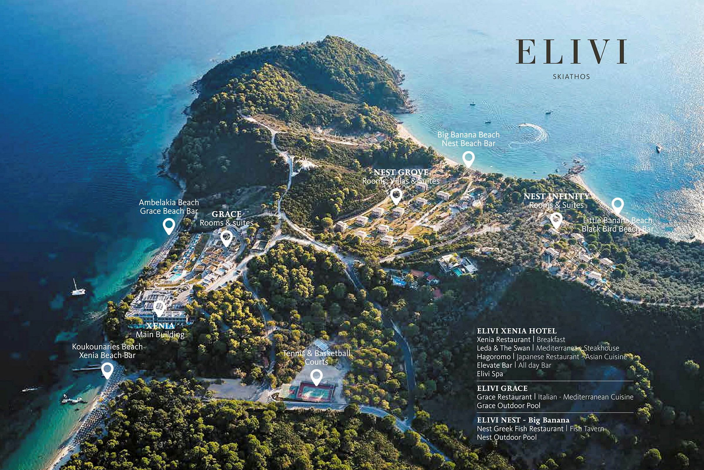 Luftfoto av hotellområdet Elivi Skiathos med strender og omkringliggende natur. (AI-generert tekst)